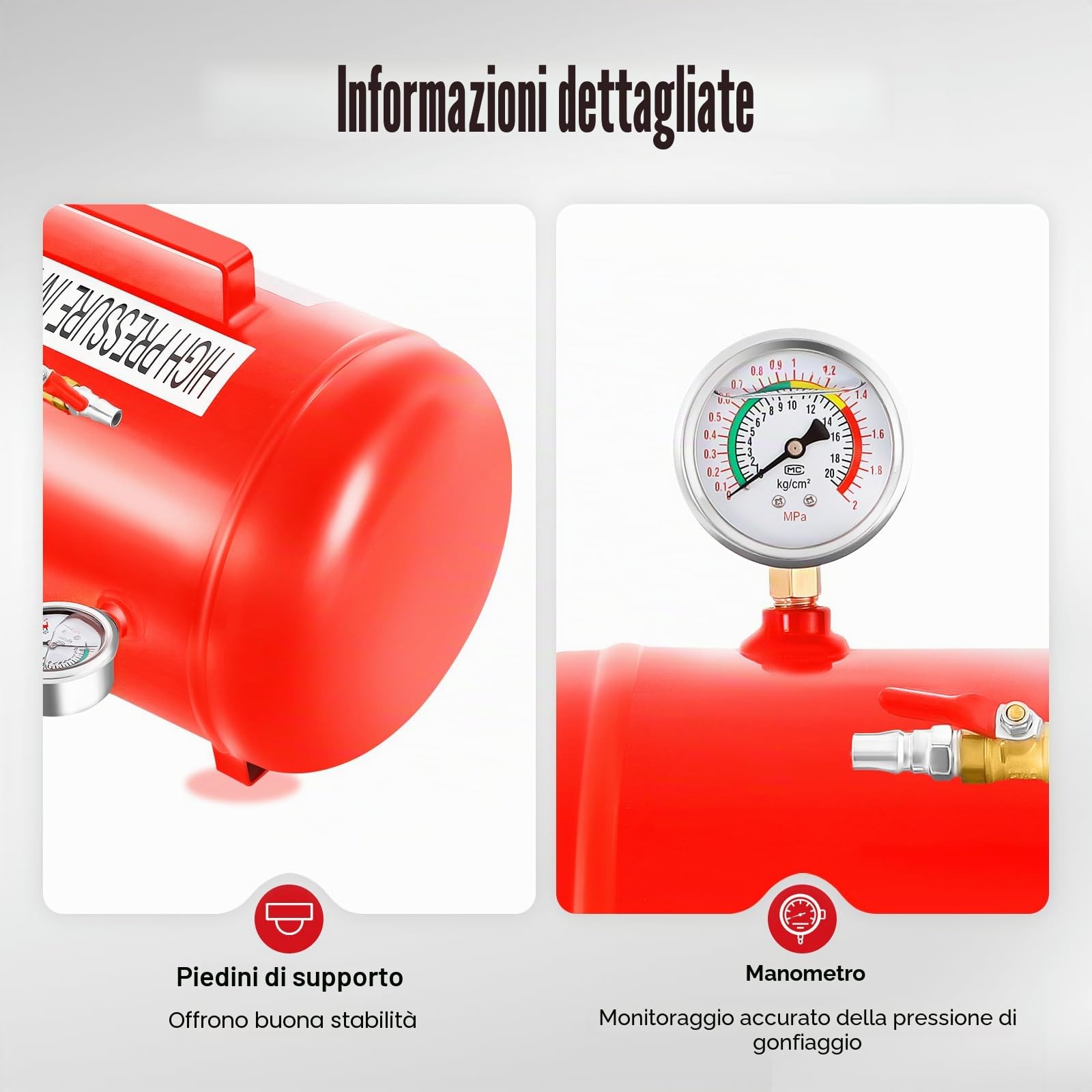 Serbatoio portatile per aria compressa 20L 1 MPa, Gonfiatore per pneumatici 5,28 galloni con manometro, Serbatoio per aria compressa 6-8 Bar 3mm acciaio, Gonfiatore portatile per pneumatici 10