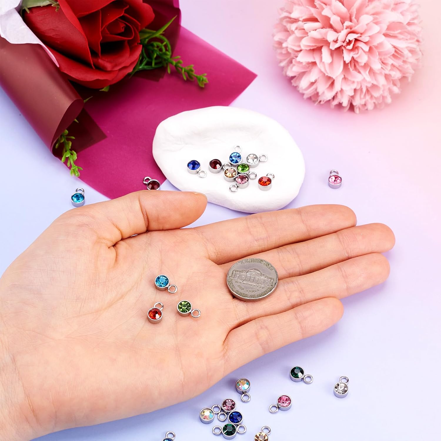 24Pcs Glass Rhinestone Charms Birthstone Charms Flat Round Crystal Charms Diamond Pendants Earring Charms for Jewelry Making Bracelet Necklace Earring Pendant Craft Supplies DIY,Silver - Image 5