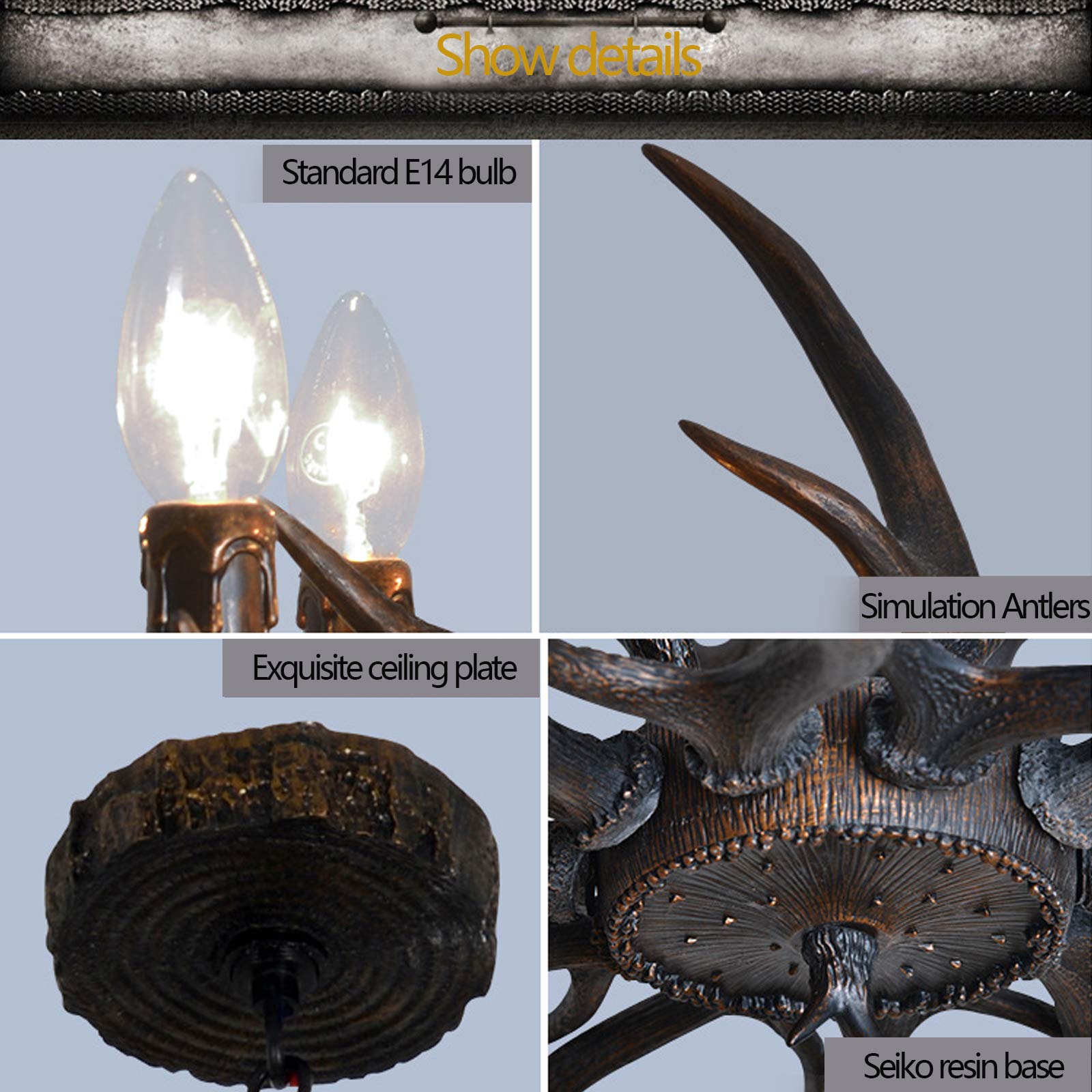 Żyrandol w stylu vintage, retro, E14, w kształcie poroża, żywica, 6 lamp, industrialny, dekoracyjny, do apartamentu, z regulacją wysokości, z abażurami, oświetlenie salonu, baru, kawiarni, jadalni