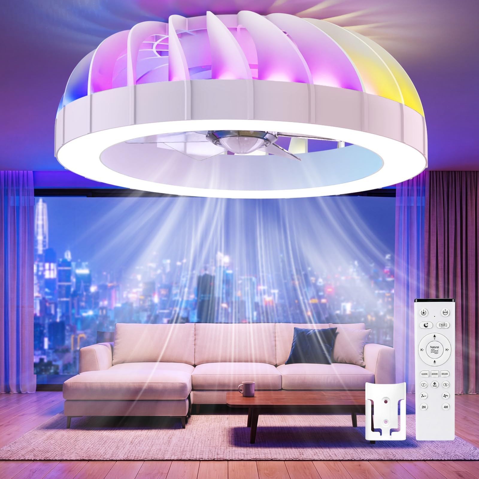 Ateroll Deckenventilator mit Beleuchtung, Ø46CM RGB Deckenventilator mit Licht und Fernbedienung, 6 Windstufen 3000K-6500K Dimmbare LED Leise Timer Deckenlampe mit Ventilator für Schlafzimmer, Wohn