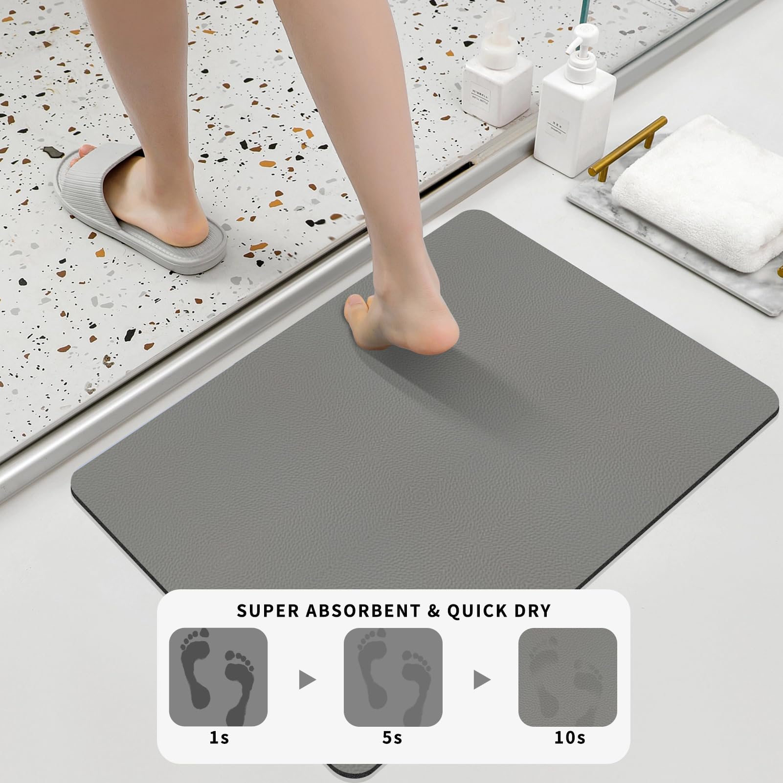 Dolic Bath Mat Bathroom Rugs Rubber Non-Slip Thin Bathroom Mat Absorbent Quick Dry Bath Rug for Floor Bathmat Shower Rug for Outside Bathtub Shower Room(Light Grey 40 x 60 cm) - Image 3