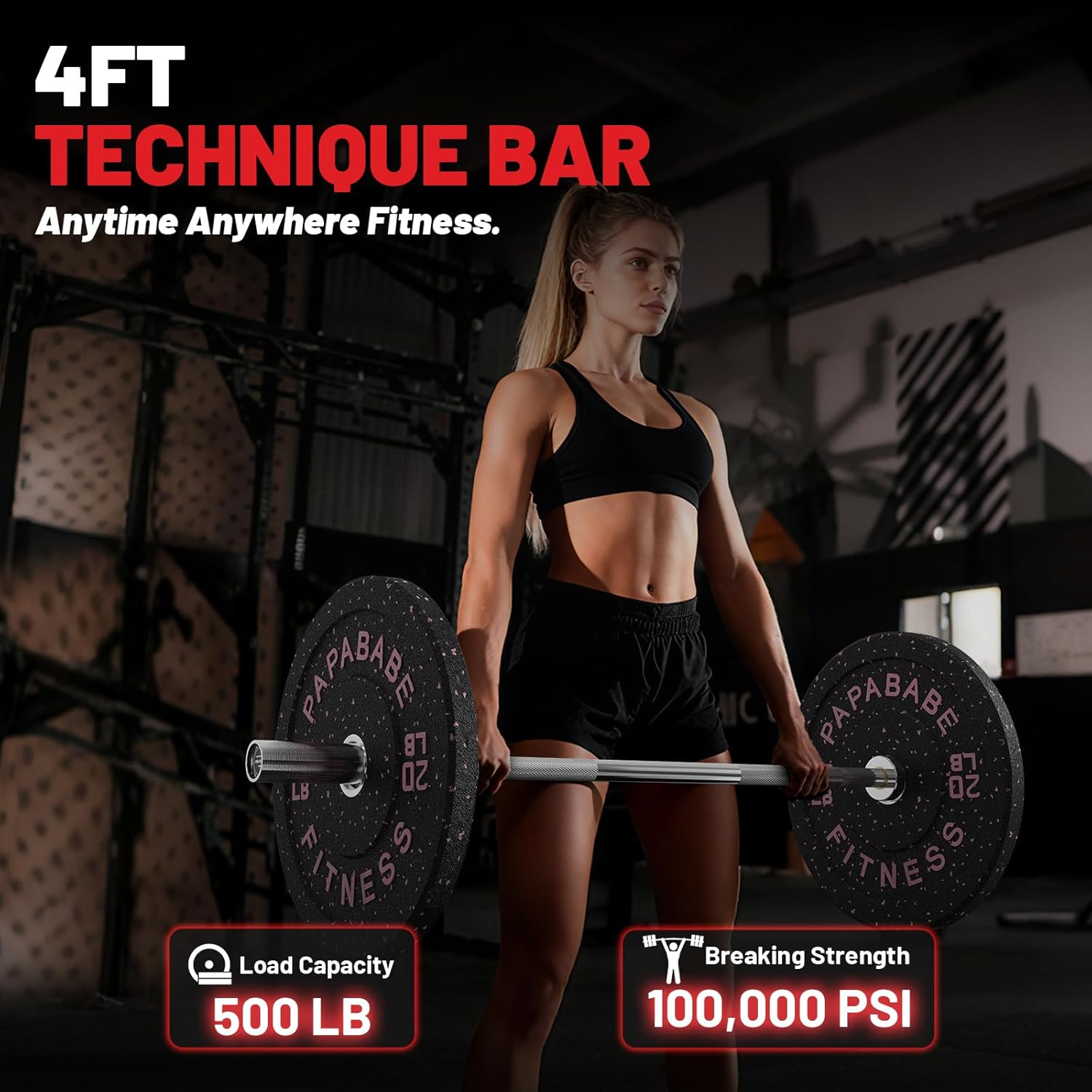 PAPABABE Olympic Barbell, 4ft/5ft/6ft/6.5ft Straight Barbell for Strength Training and Technique Adjusting, 2 inch Womens Olympic Bar with Moderate Knurling For Bench Press, Squats Curls Deadlifts Weightlifting