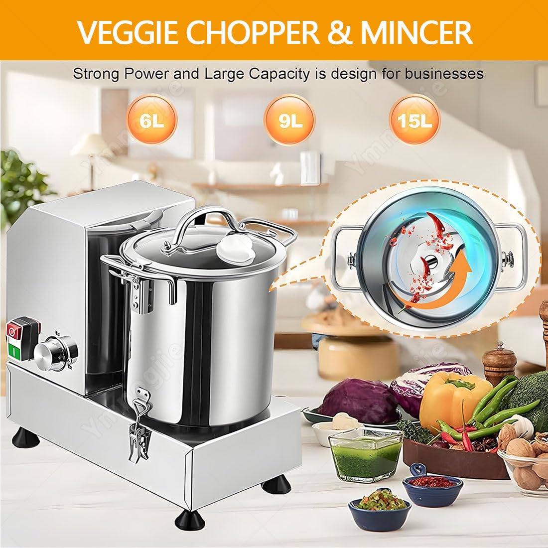 Picadora Verduras Comercial,1800W Procesador Alimentos 6L