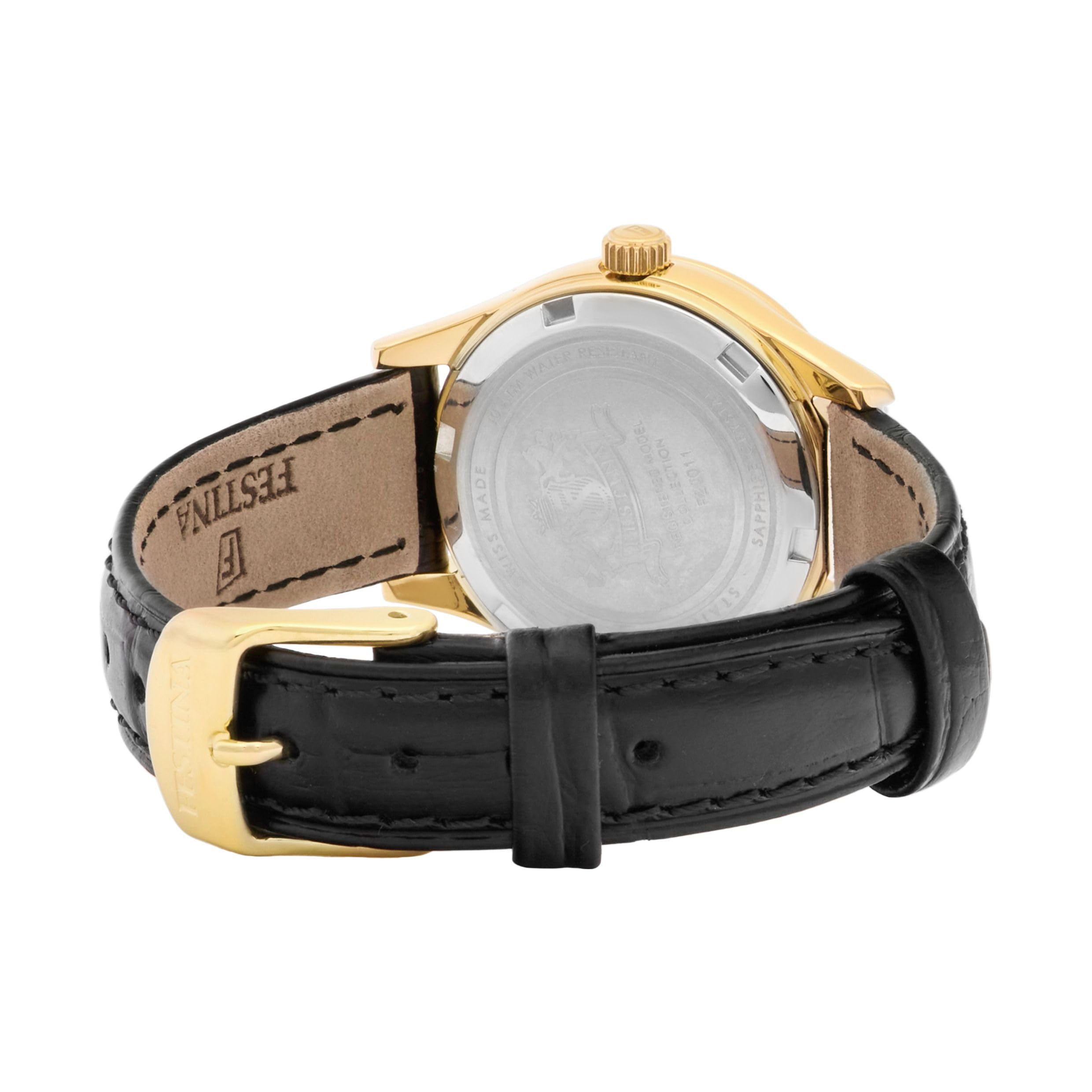 Festina F20011/5 Zegarek damski Swiss Made Złoty Skórzany pasek ze stali nierdzewnej Czarny, Szary, Klasyczny