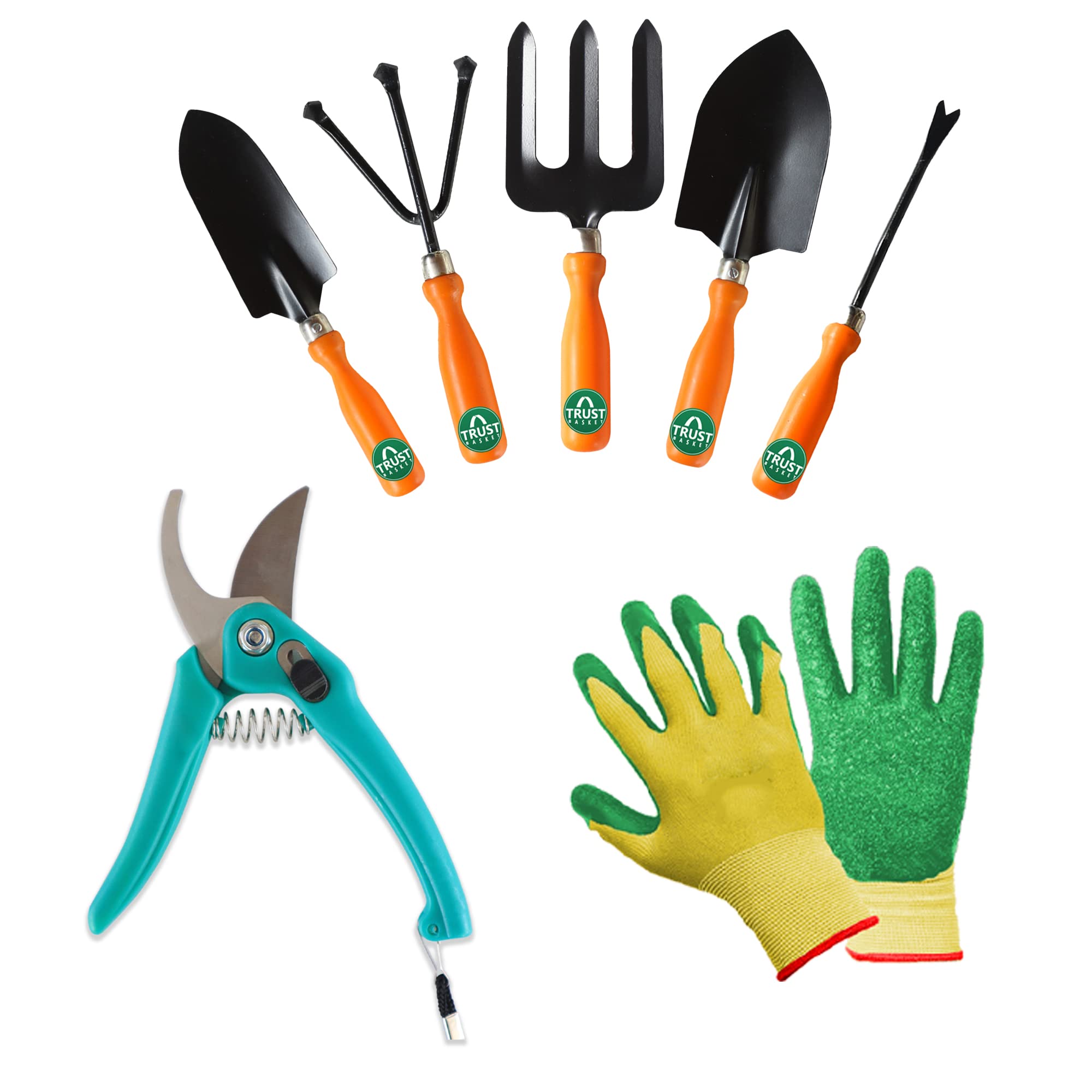 TrustBasket 7 Pcs Durable Premier Multi-Purpose Plant Care/Garden Tool Kit for Home Garden Trowel, Fork, Weeder, Cultivator, Hand Gloves, Pruner, Scissor Premier Multi Color