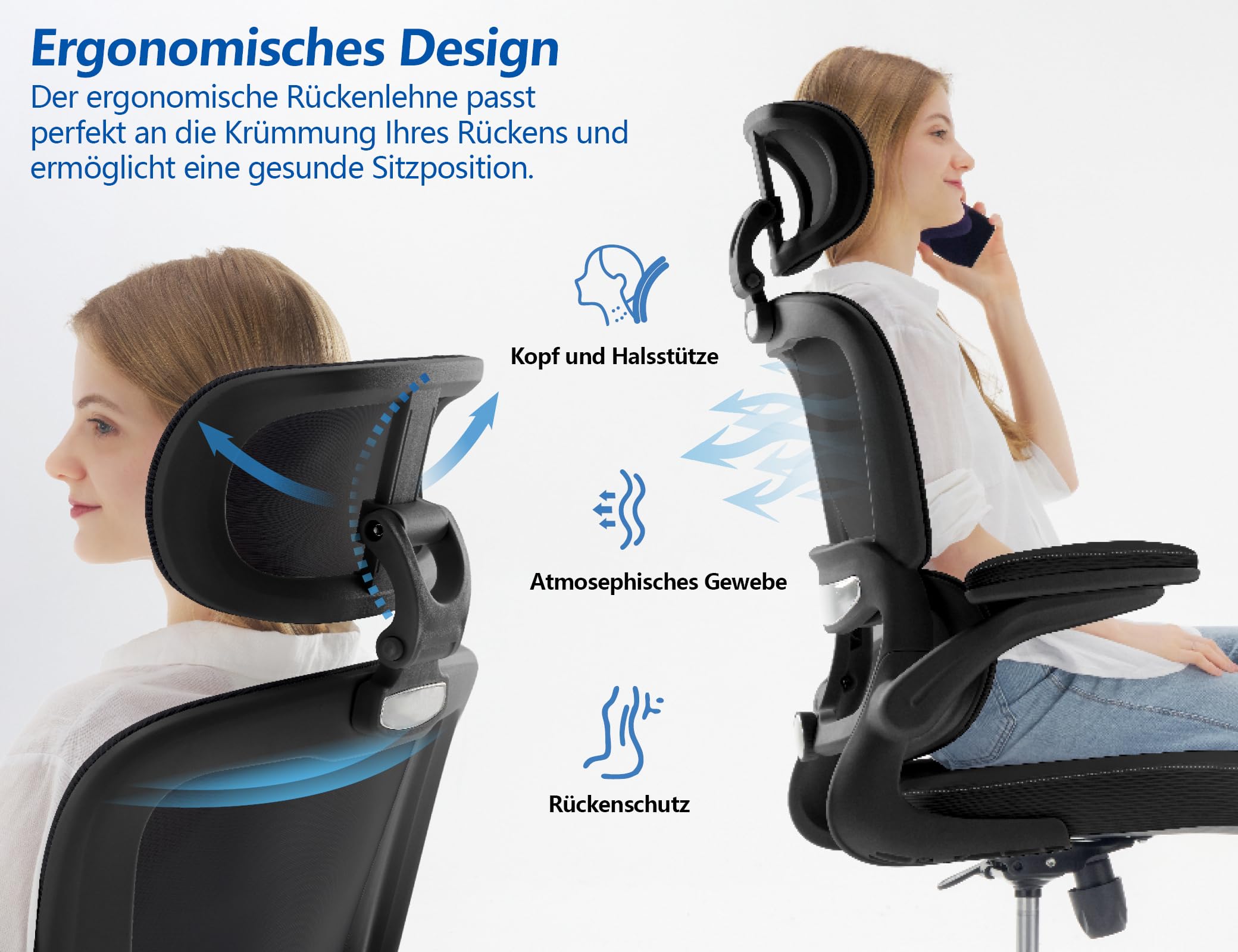 TRALT Ergonomischer Bürostuhl: Office Chair mit Verstellbarer Kopfstütze
