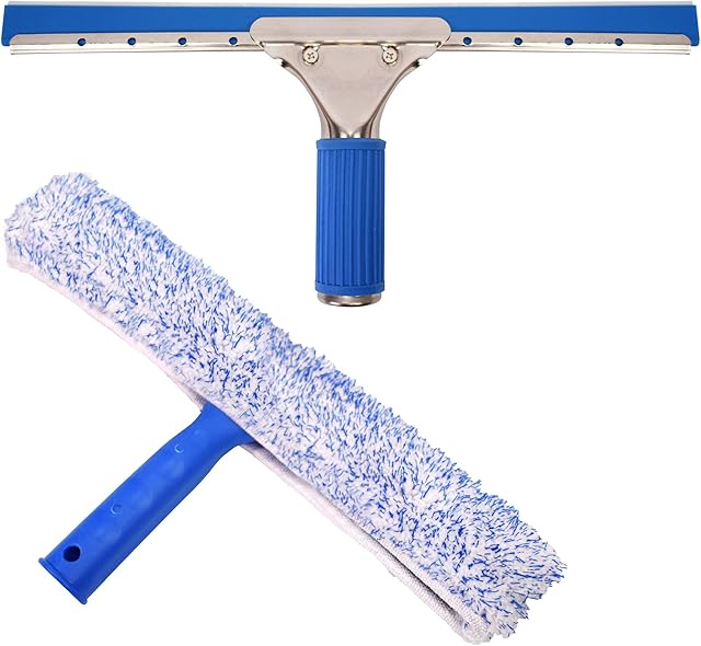 TRIXES Window Cleaning Kit  Squeegee and Microfibre Window Cleaner - Car Cleaning Kit - 2-in-1 Combi Non-Streak Glass Scrubber and Rubber Wiper - Bathroom & Kitchen Accessories for Home