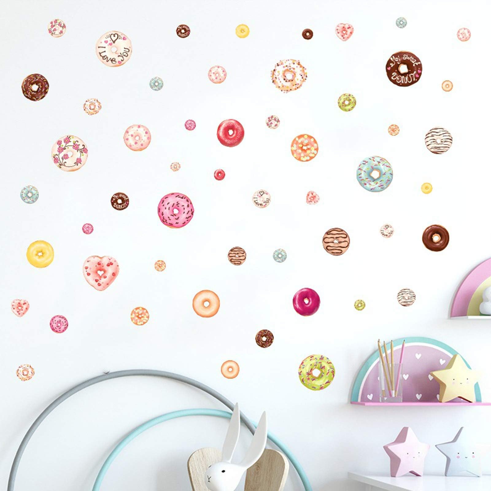 4 Sheet (48 Counts) Donuts Wall Decal Dessert Wall Stickers 11 inch Kawaii Food Decor Nursery Christmas Home Decorations