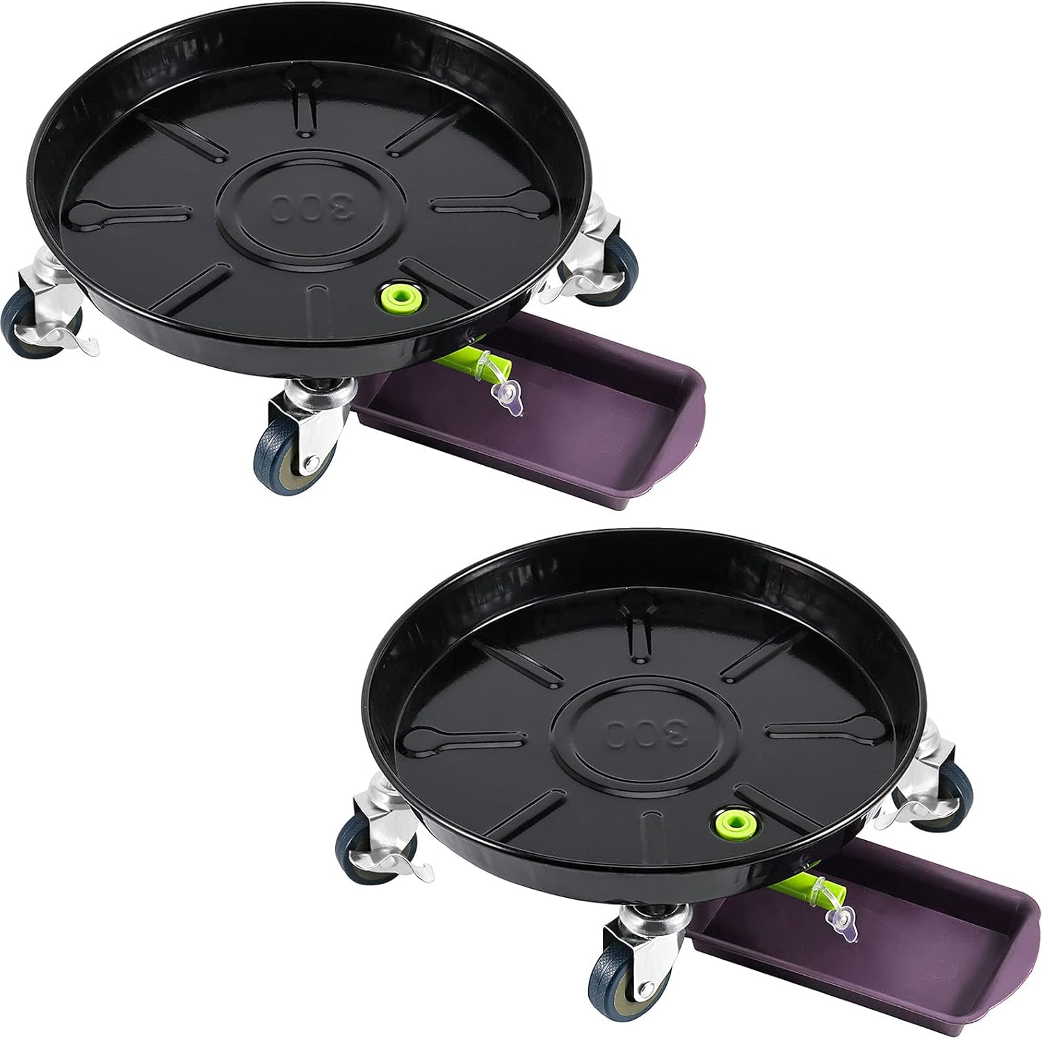 HOIGON 2 Pack 11.8 Inch Metal Plant Caddy with Wheels, Drain Tube and Water Tray, Heavy Duty Plant Pallet Caddy, Round Rolling Plant Stand Flower Planter Pot Mover for Indoor Outdoor