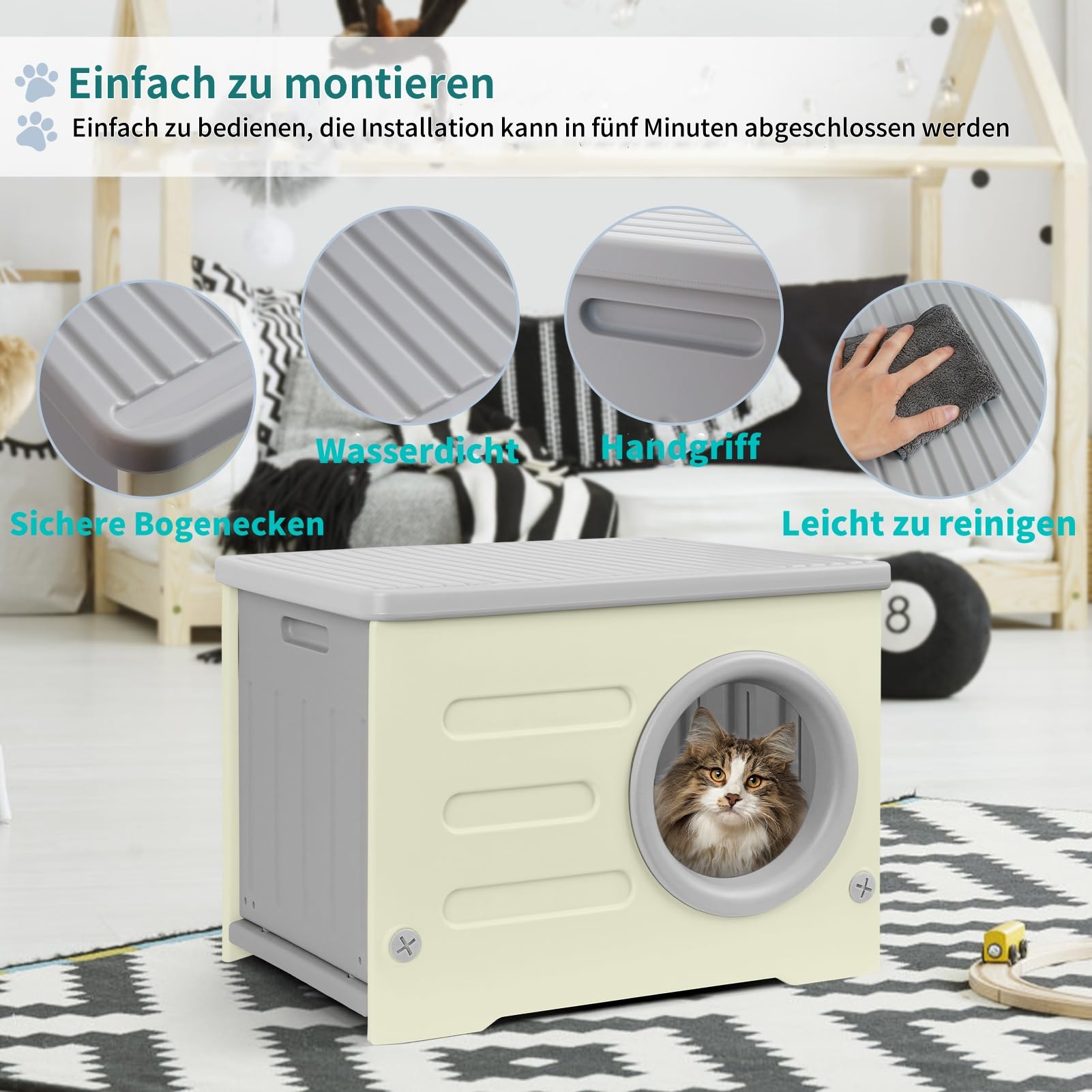 Kunststoff-Katzenhaus für Den Innen- und Außenbereich Wetterfester Unterstand Erhöhtes Design mit Doppelseitigen Matten Katzenhaus für Alle Jahreszeiten (Grau, 54 * 41 * 38)