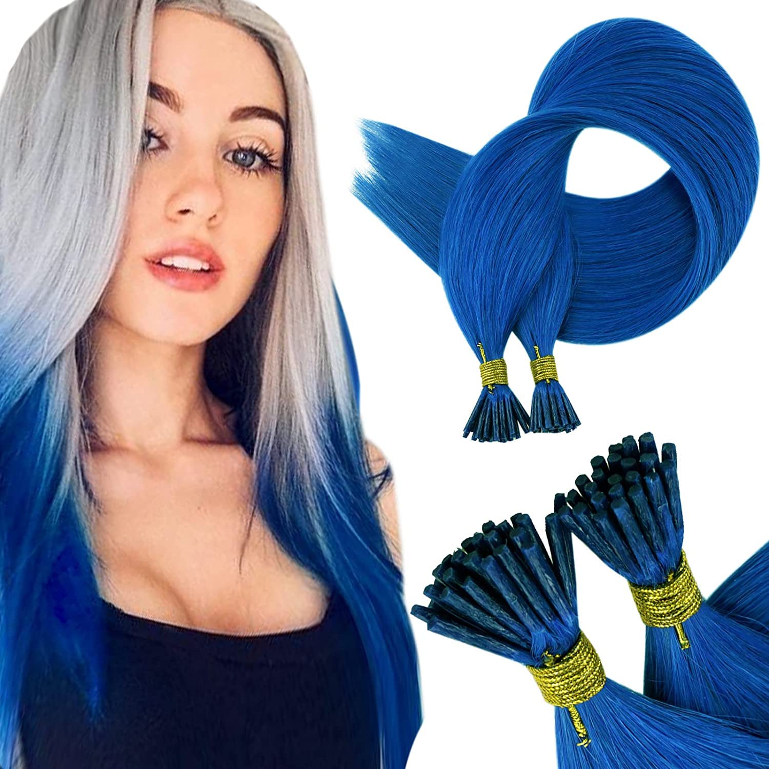 RUNATURE Blue Keratin I Tip Hair Extensions Real Human Hair Blue I Tip Real Remy Hair Extensions 14 Inch 20 Gram
