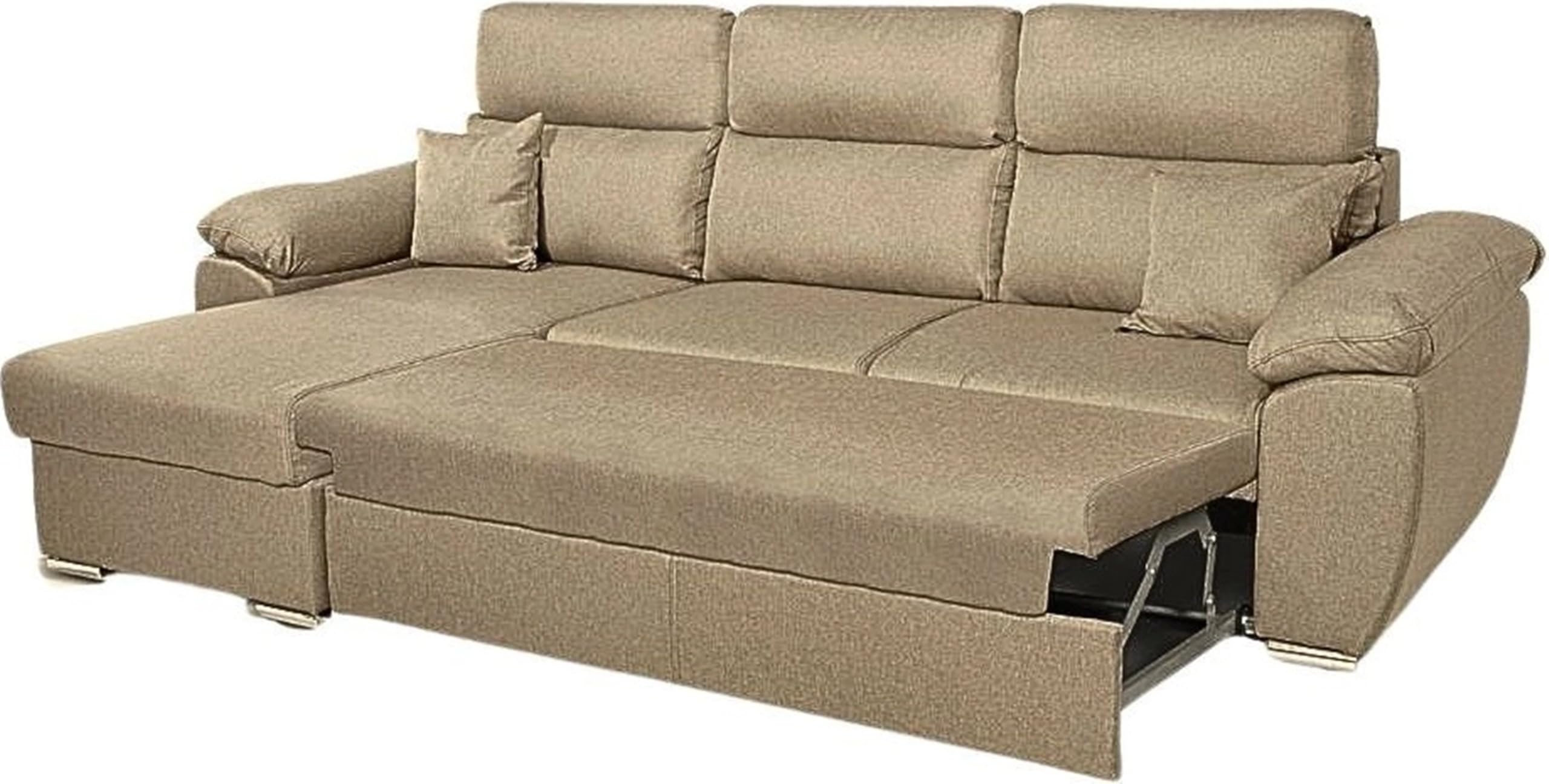 Divano Angolare 3 Posti Moderno con Chaise Longue Letto Estraibile in Tessuto Dimensioni 265x91-102x166 cm colore Cappuccino