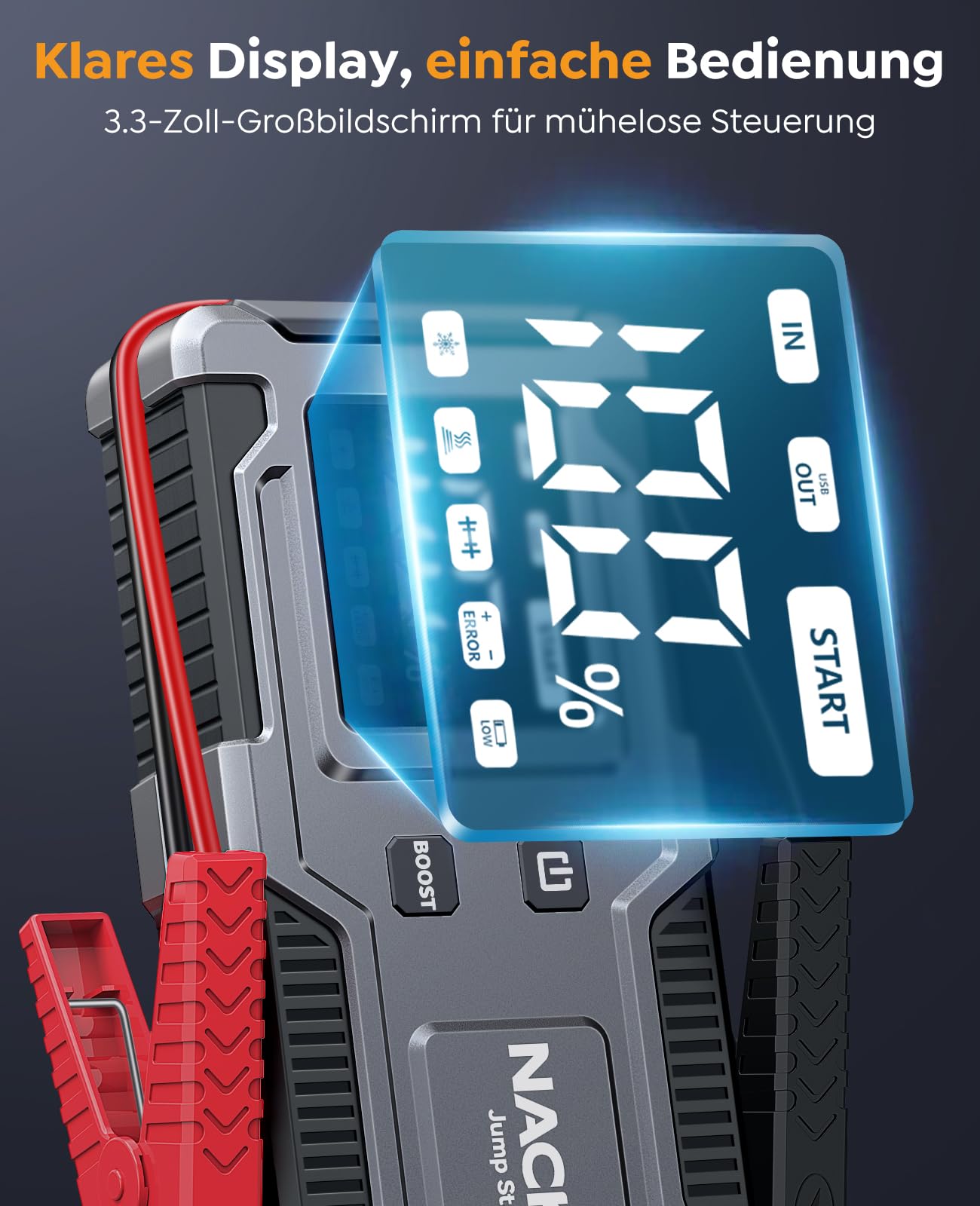 Starthilfe Powerbank 8000A,12V Batterie Booster (bis zu 9L Benzin und 7L Diesel), Auto Starthilfe mit integriertem Starthilfekabel, LED-Lampe & Display – ideal für SUV, Motorräder, Rasenmäher