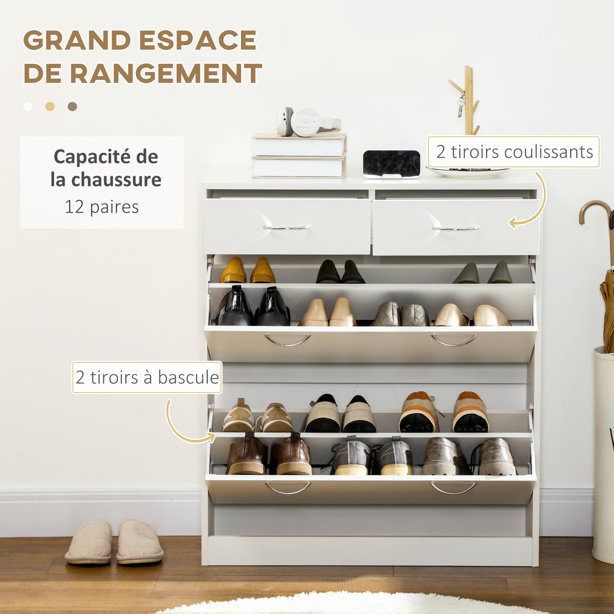 HOMCOM Meuble à Chaussures Armoire à Chaussures 80 x 30 x 91,5 cm Blanc | 2 Tiroirs, 2 Portes Abattantes, Étagère Réglable, Poignées en Aluminium