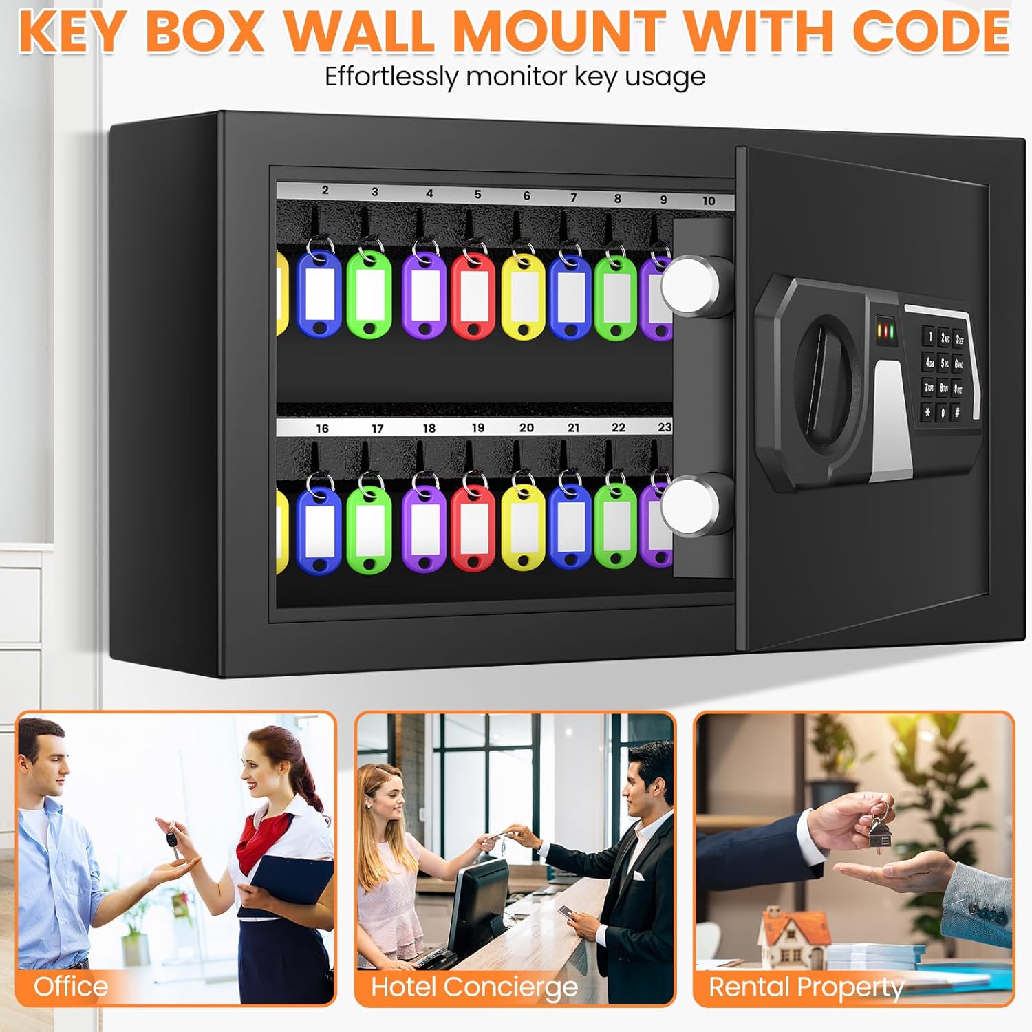 Nebakne 38 Keys Digital Key Lock Box Wall Mount with Alarm and Silent Mode, Anti-Theft Key Box Key Cabinet with Numbered Hooks and Tags, Key Organizer Key Safe for Home Office Garage Rental Business