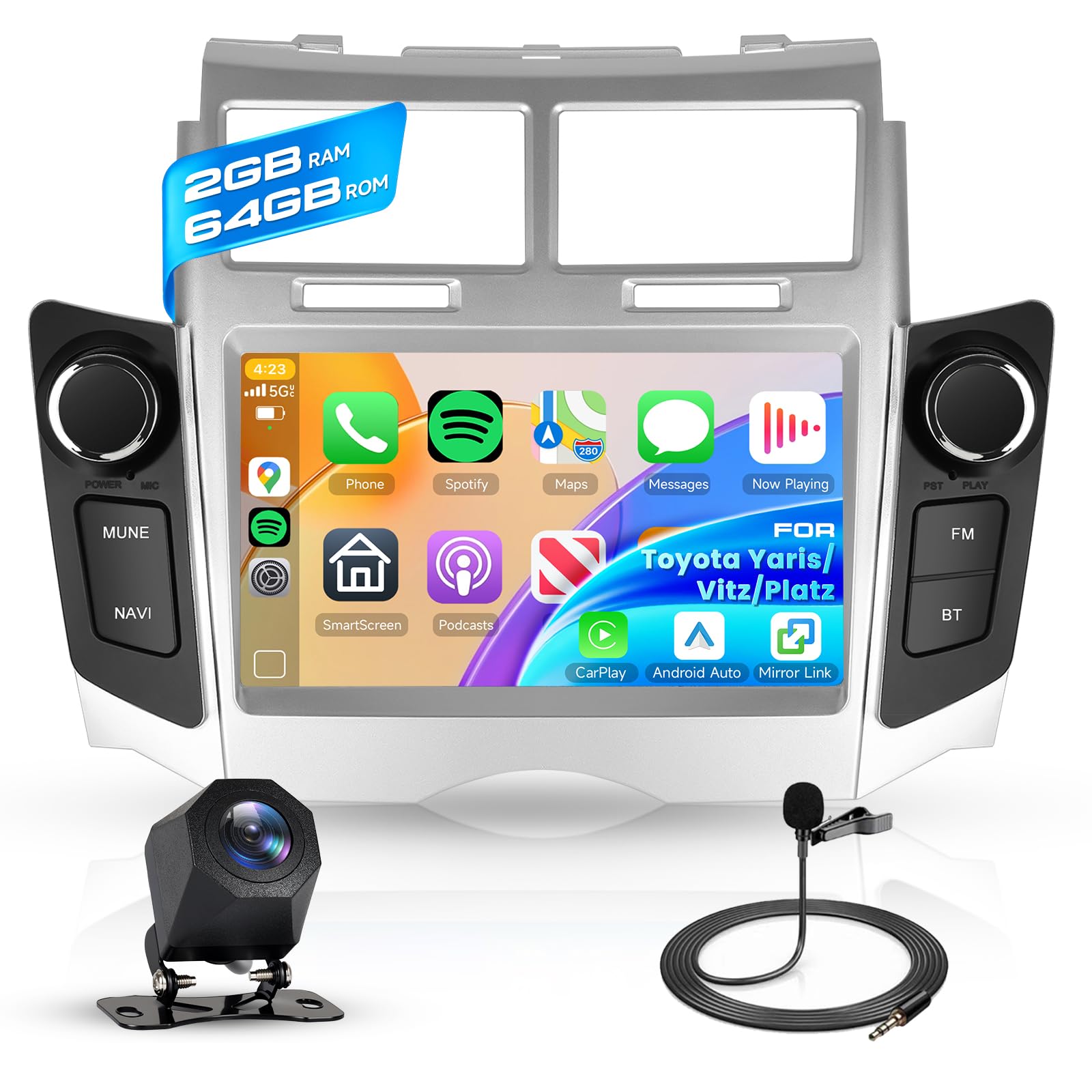 Hodozzy 2G+64GB Autoradio pour Toyota Yaris/Vitz/Platz 2005-2011 Carplay Android Auto sans Fil, Écran Tactile 7 Pouces avec GPS WiFi Bluetooth FM/RDS Android Radio 2 Din pour Toyota Yaris + Caméra