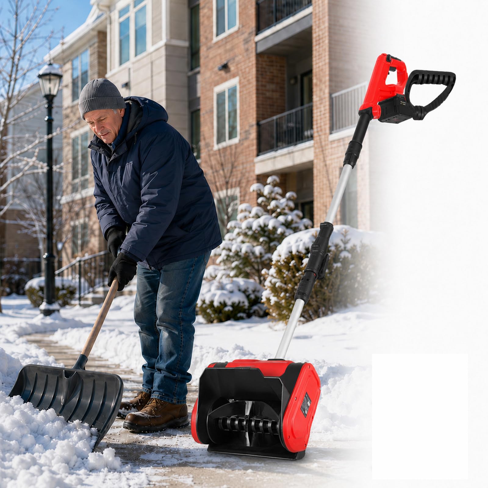 Ręczna odśnieżarka akumulatorowa 21 V z silnikiem 1000 W, szerokością roboczą 31 cm, głębokością śniegu do 15 cm i zasięgiem wyrzutu do 8 m na podjazdy, chodniki, tarasy i wejścia