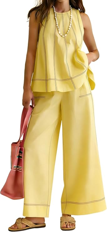 Hooever Womens Contrast Topstitching Cotton Two Piece Outfit Set Sleeveless Tank Top Wide Leg Palazzo Pants Everyday Wear