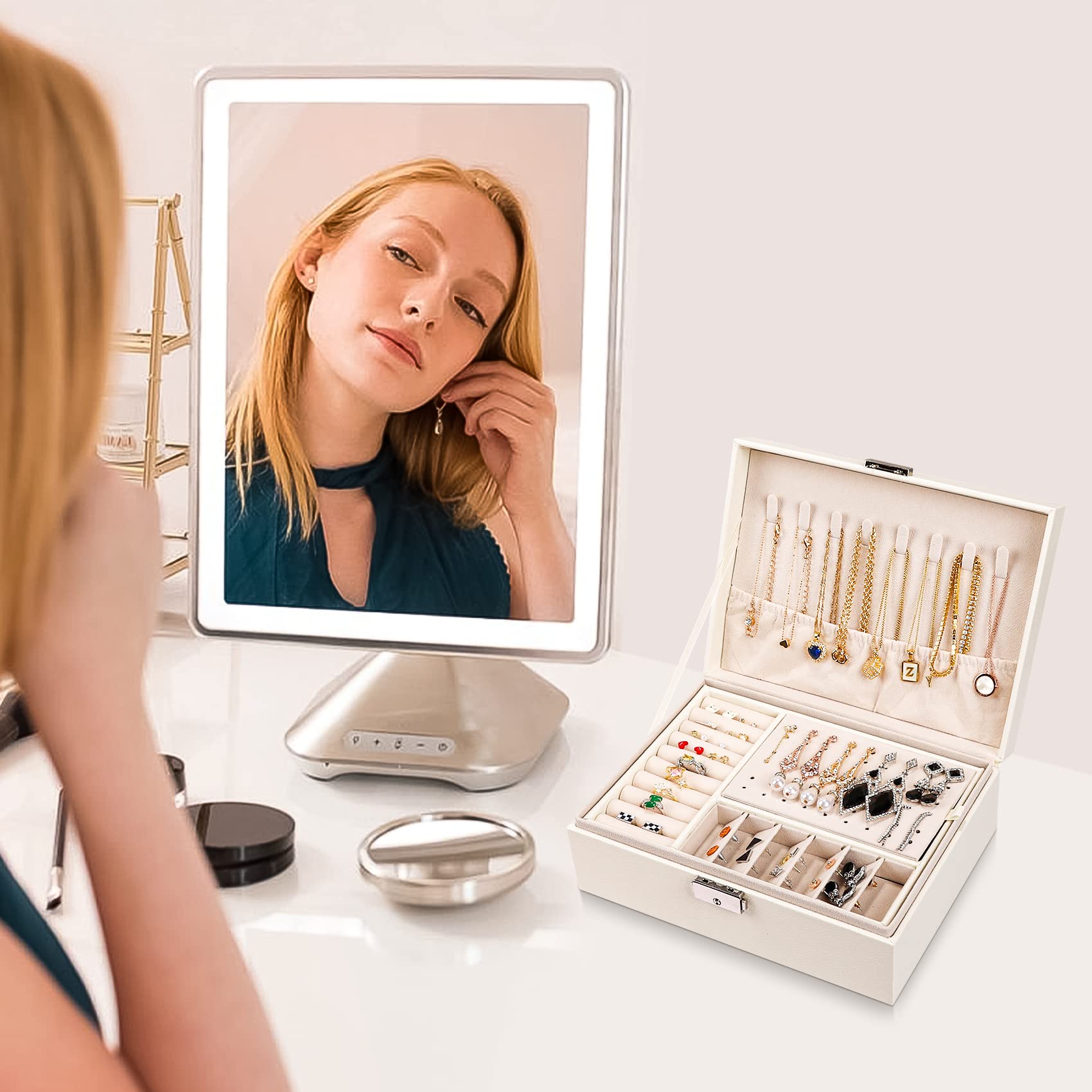 LUZOON Schmuckschatulle Schmuckkästchen für Damen, 2 Schich Schmuckaufbewahrung Mädchen Schmuckkasten Schmuckbox PU Leder Schmuck Groß für Ringe, Ohrringe, Halskette (Weiß)