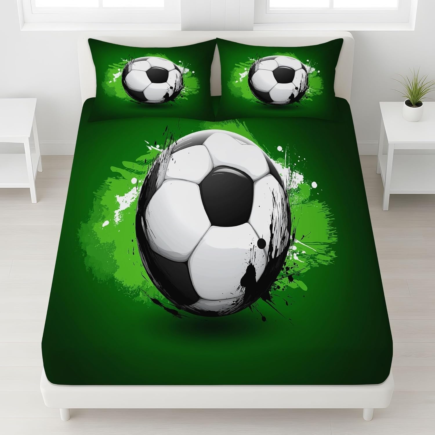 Football Fitted Sheet Sport Bed Sheets Deep Pocket 12 inch (30 cm) Soft Cozy 3 Piece Microfibre Bed Sheet 200x200 cm with 2 Pillowcases 50x75 cm