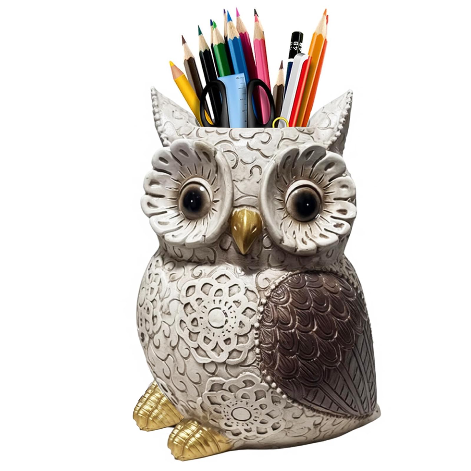 MUAMAX Owl Pen Holder, Owl Pencil Holder for Desk, Resin Desk Organizer Decorative Accessories, Cute Pencil Cup Pot Desktop for Office Supplies, Classroom, Home