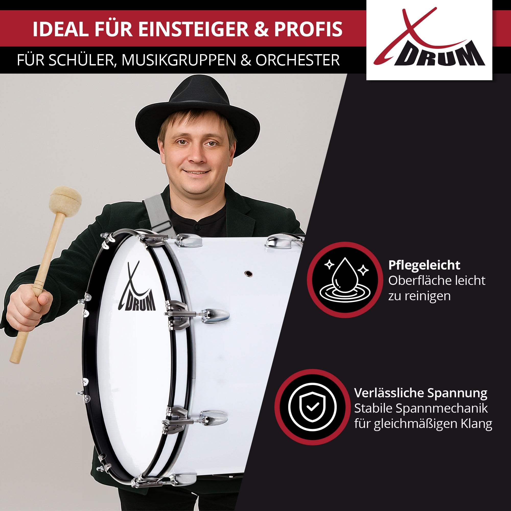 XDrum MBD-218 grancassa da marcia 18"x12" - 6,5 kg - 4 anelli di trasporto - 8 viti di tensione per lato - inclusi mazzuoli, cinghie e chiave di accordatura - bianco
