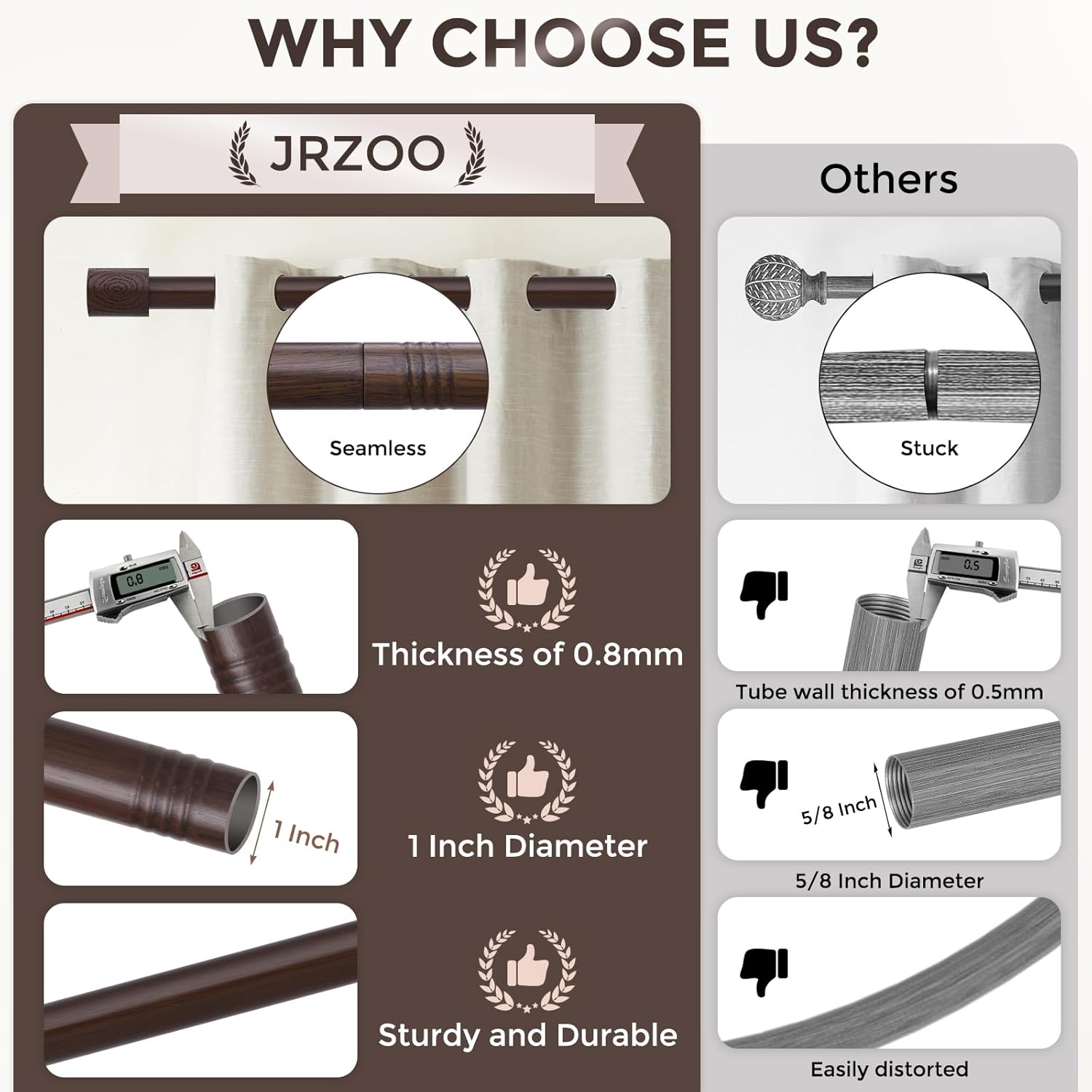 2 Pack Walnut Wood Curtain Rods,1'' Decorative Adjustable Rustic Farmhouse Drapery Rod, Heavy Duty Boho Curtain Pole for Windows 48 to 84 Inch with Imitation Wooden Grain Finials, Size 30"-88"