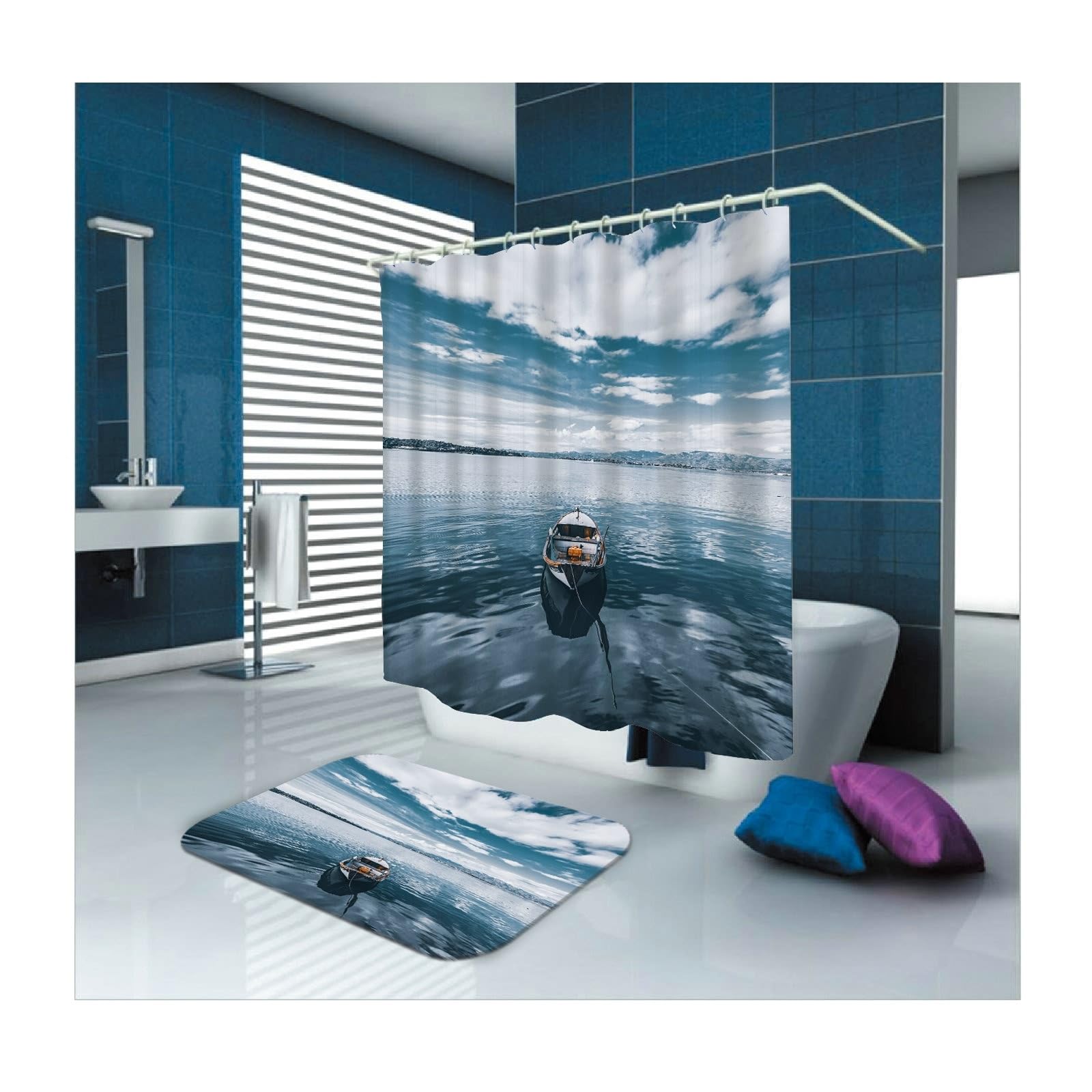 Rideau de salle de bain bleu motif lac pour une ambiance spa à la maison