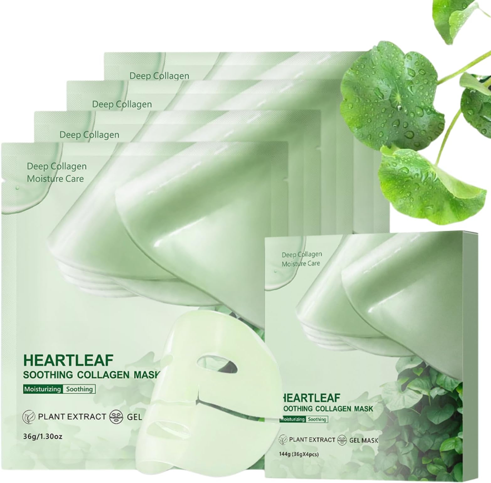 5PCS Heartleaf Soothing Collagen Mask, Collagen Overnight Face Mask for Glass Skin, Hydrating Face Masks with Hyaluronic Acid, Soothing Cooling Gel Sheet Mask for Sensitive Skin, Korean Skin Care