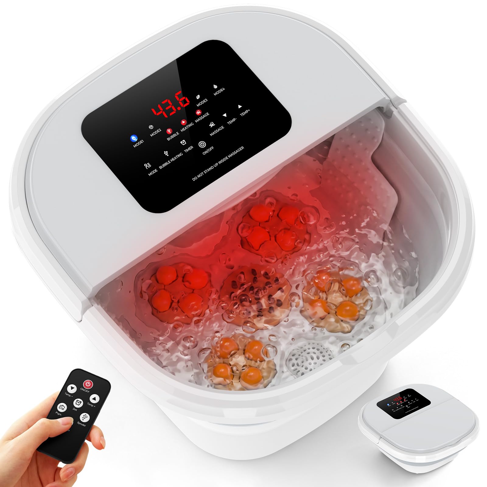 Bain de Pieds Massant Chauffant Pliable, Chauffage Rouge, 4 Modes
