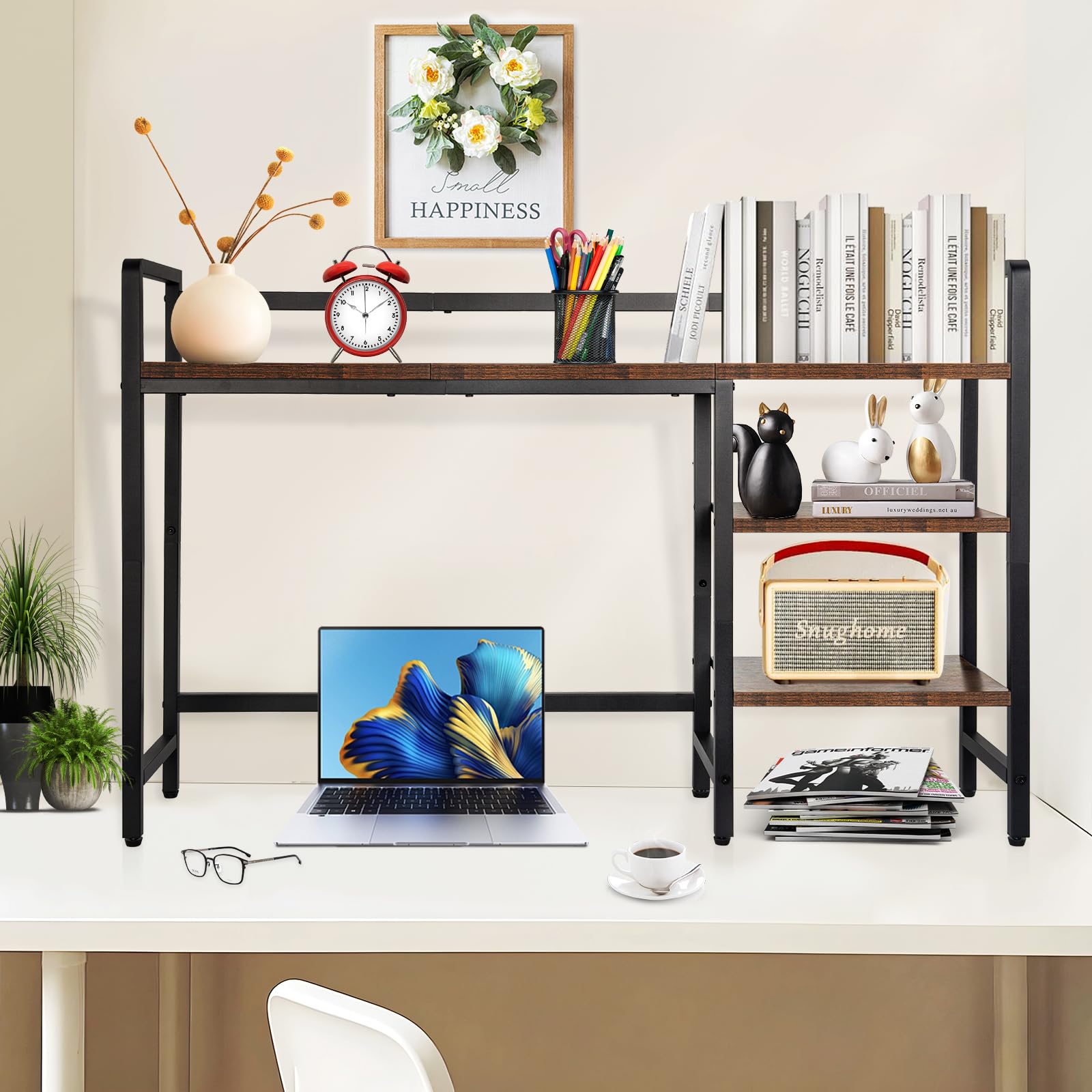 Mensola da scrivania, 114 cm, organizer da scrivania per monitor del computer, 4 ripiani, per casa, ufficio, dormitorio, marrone rustico
