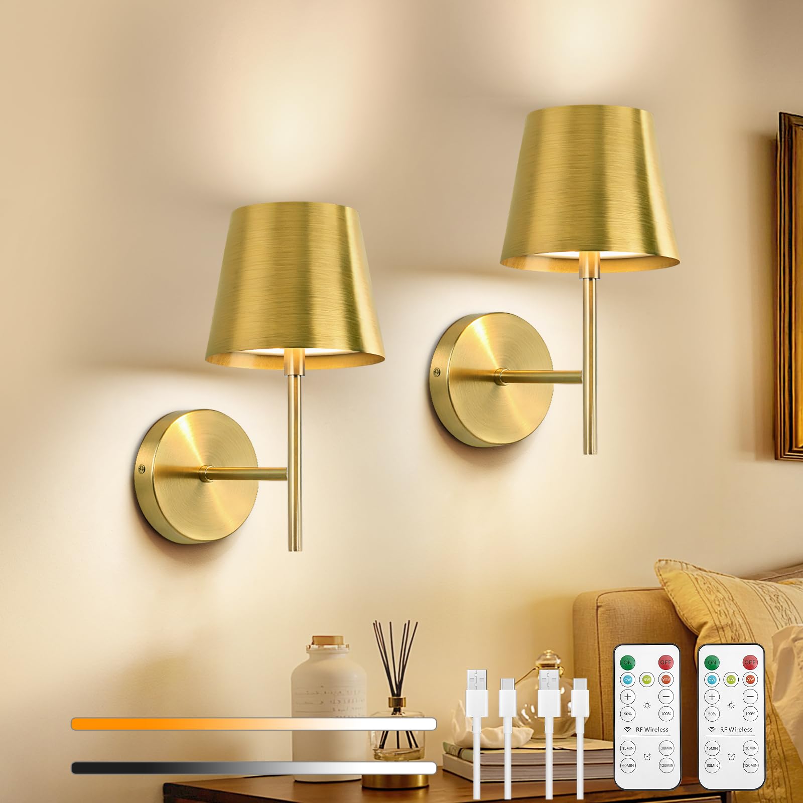 Dehobo Rechargeable Wall Lights Gold Set of 2, Battery Operated Wall Lights Dimmable 3 Colors with Remote, 5200mAh Metal LED Wireless Wall Lamps for Bedroom, Dining, Hallway, Staircase, Night Light