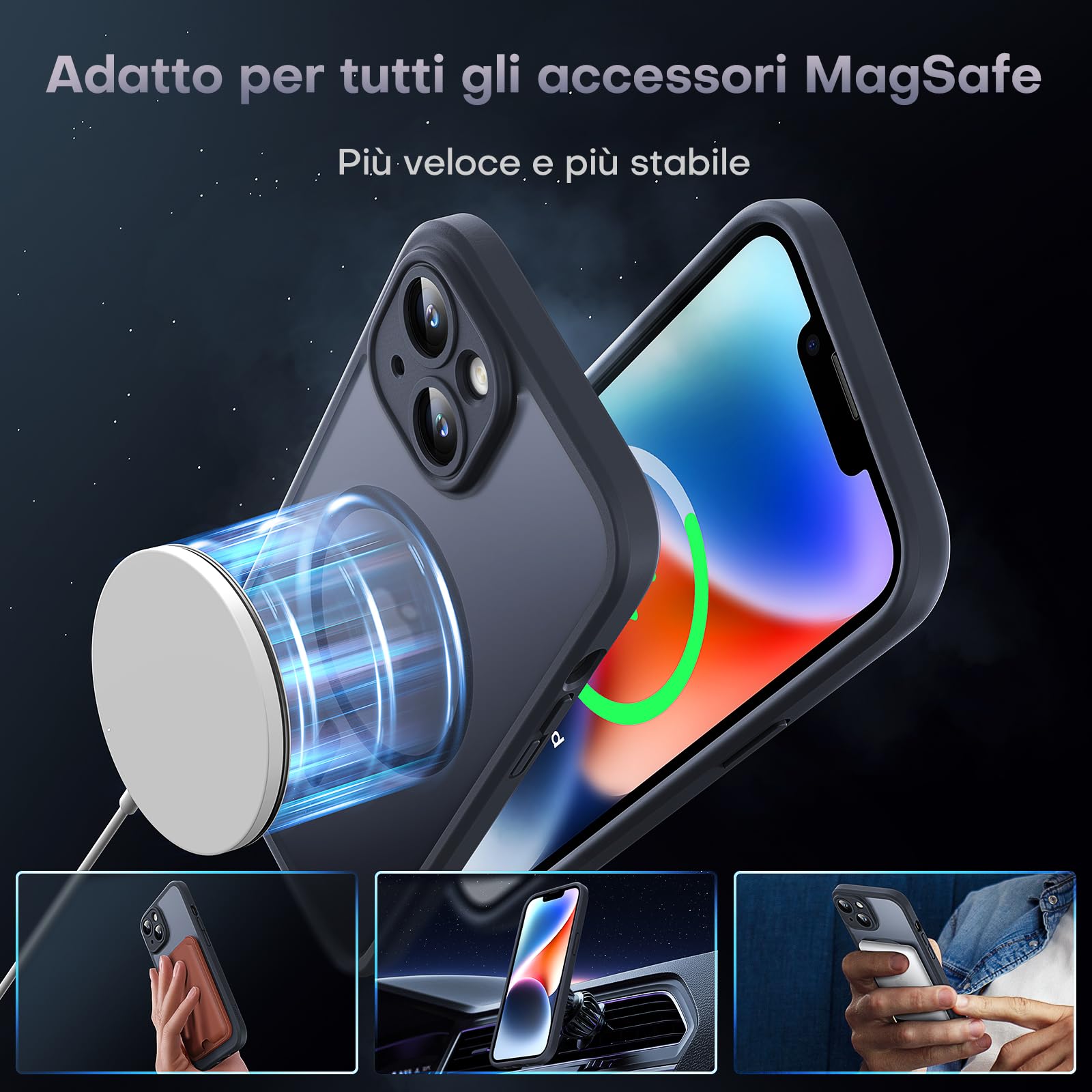 TOCOL Cover Magnetica per iPhone 14 6,1 Pollic, Compatibile con MagSafe, Protezione Fotocamera Integrata, Custodia Antiurto Traslucida Opaca, Nero