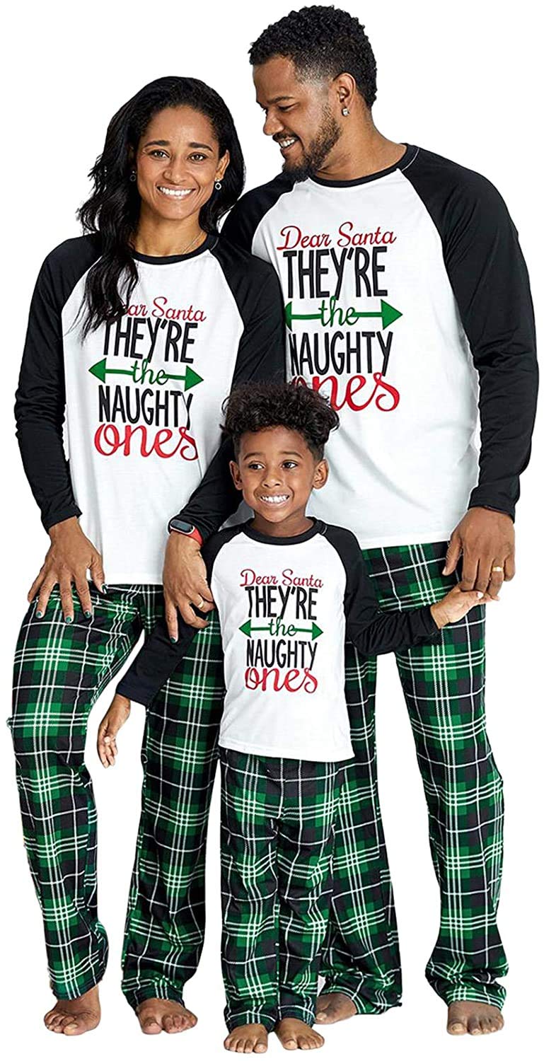 iffei Matching Family Pajamas Sets Christmas PJ's Letter Print Top and Plaid Pants Jammies Sleepwear-picture-40