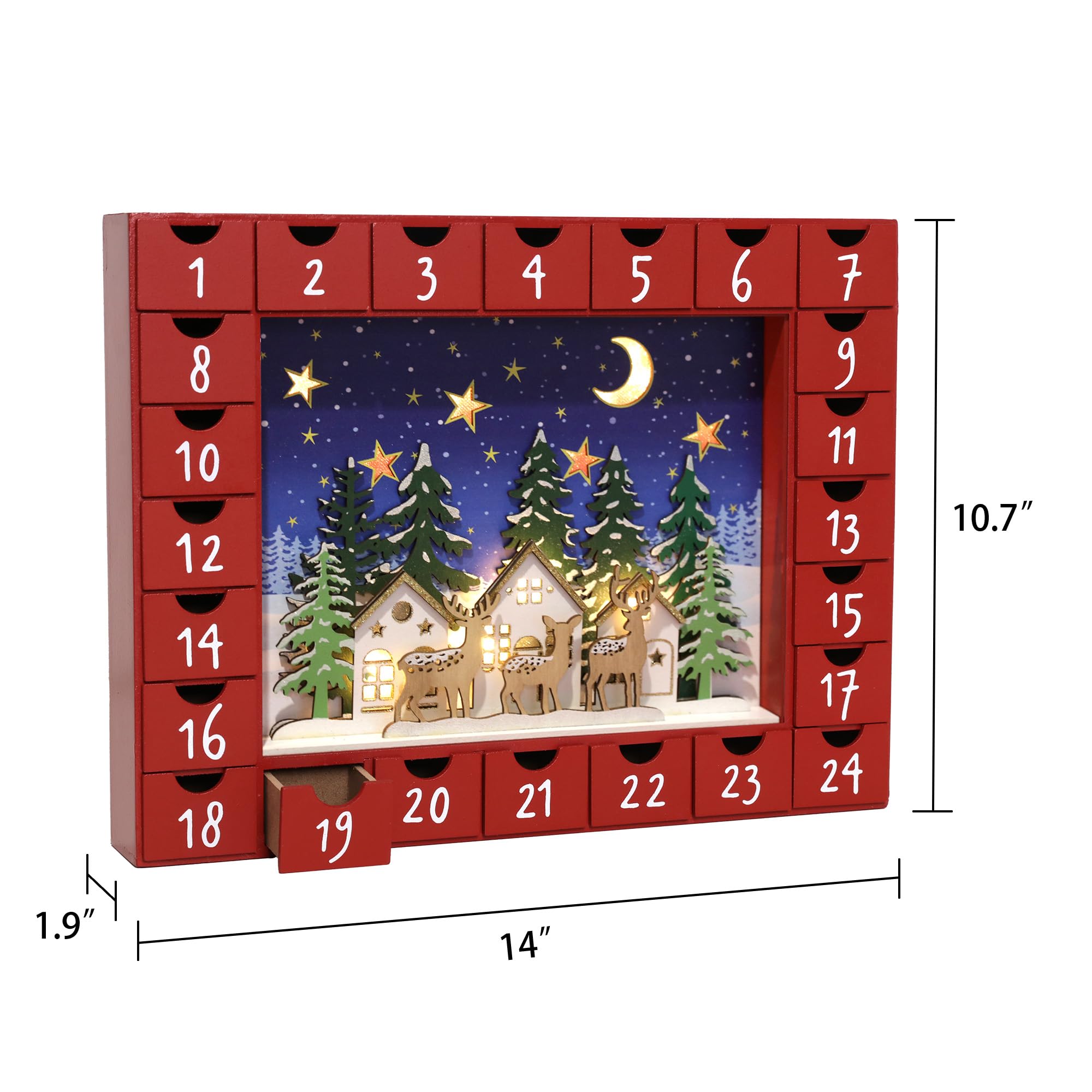 PE Handgefertigter Holz Adventskalender mit 24 Schubladen - Beleuchteter Weihnachtskalender mit Dorf Szene und Rentier - Weihnachtsdeko zum Befüllen 35,5 x 5 x 27,2 cm
