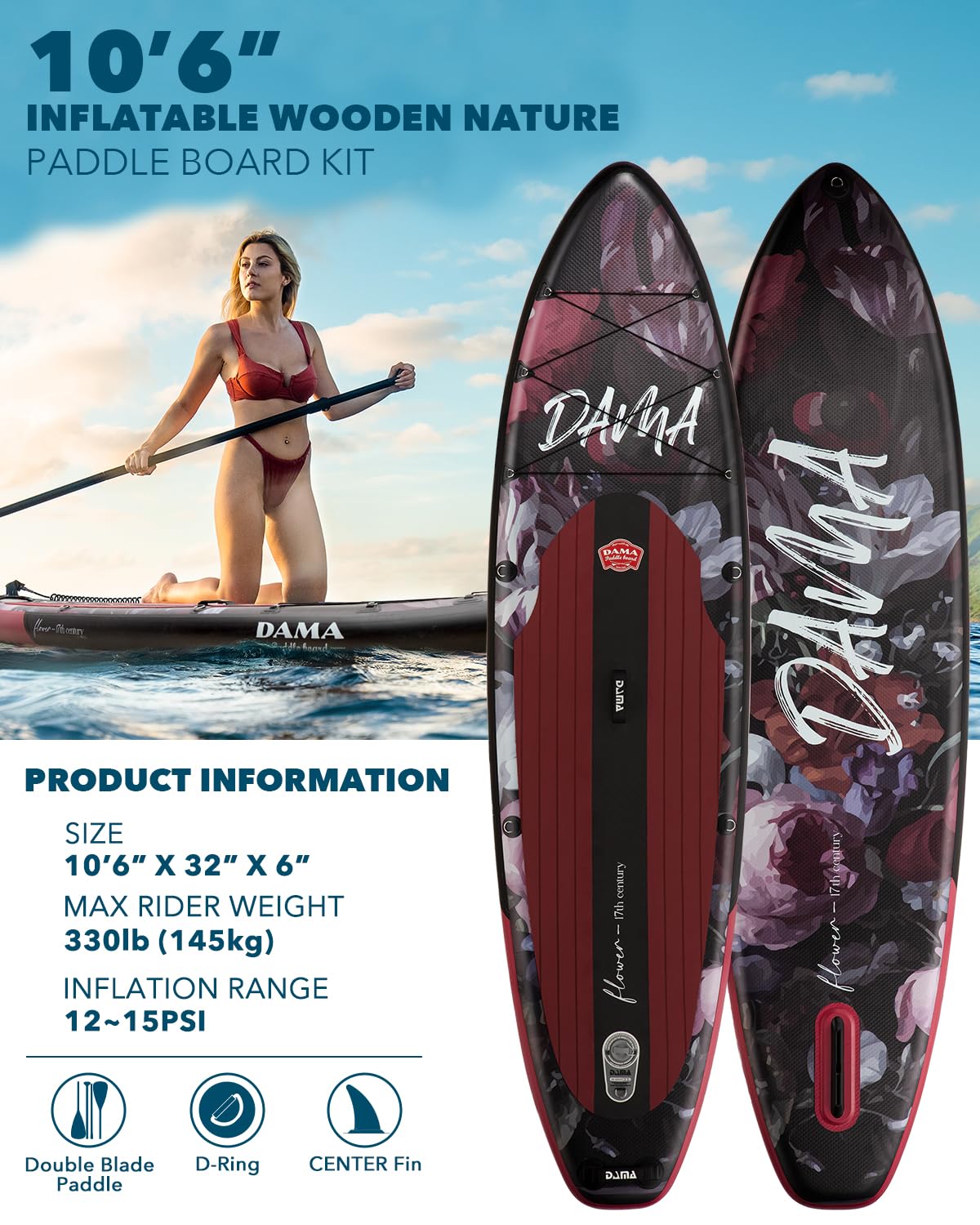 DAMA Dark Flower Tabla de Paddle Surf Hinchable, Sup Paddle Board Inflable 320 x 81 x 15 cm, Antideslizante, hasta 145 kg, Remo Doble, Bomba, Mochila, Correa de Seguridad, Bolsa Estanca y Funda Móvil