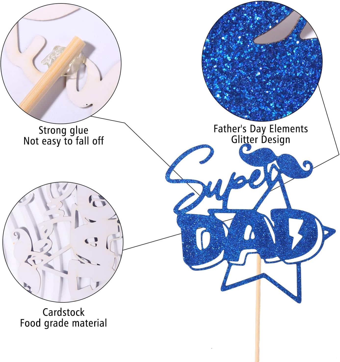 Father's Day Cake Toppers Set-10pcs Glitter Super Dad Cake Topper Blue Beard Cupcake Topper fot Best Dad Cake Decoration for Father's Day Party Supplies