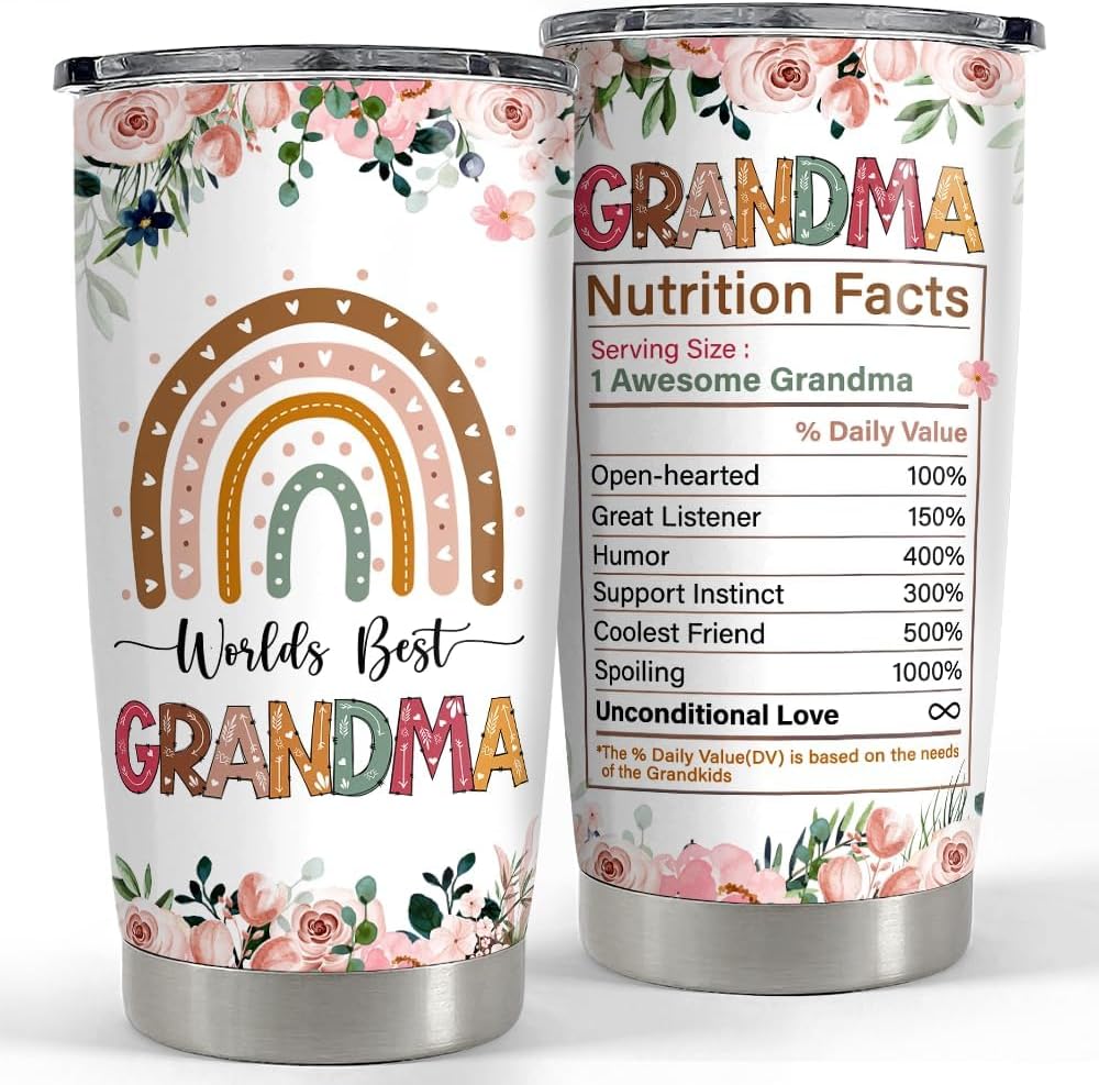 SANDJEST Grandma Tumbler 20oz Nana Cup Grandma Nutrition Facts Stainless Steel Insulated Tumblers Coffee Travel Mug Gifts for Mothers Day Birthday Christmas