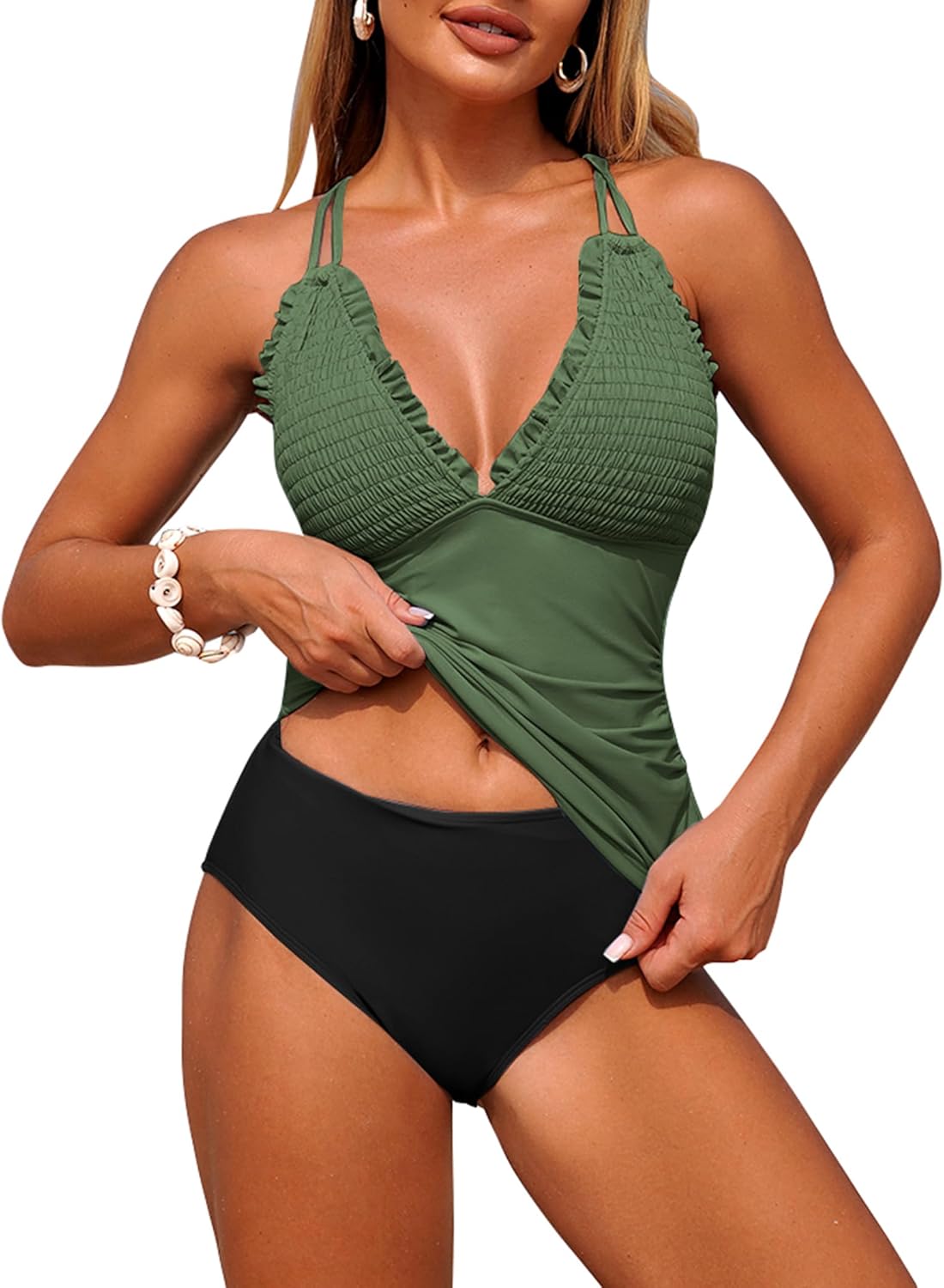 ZAFUL Womens Tankini Swimsuits Smocked 2 Piece Bathing Suits Modest Tie Back Swimwear