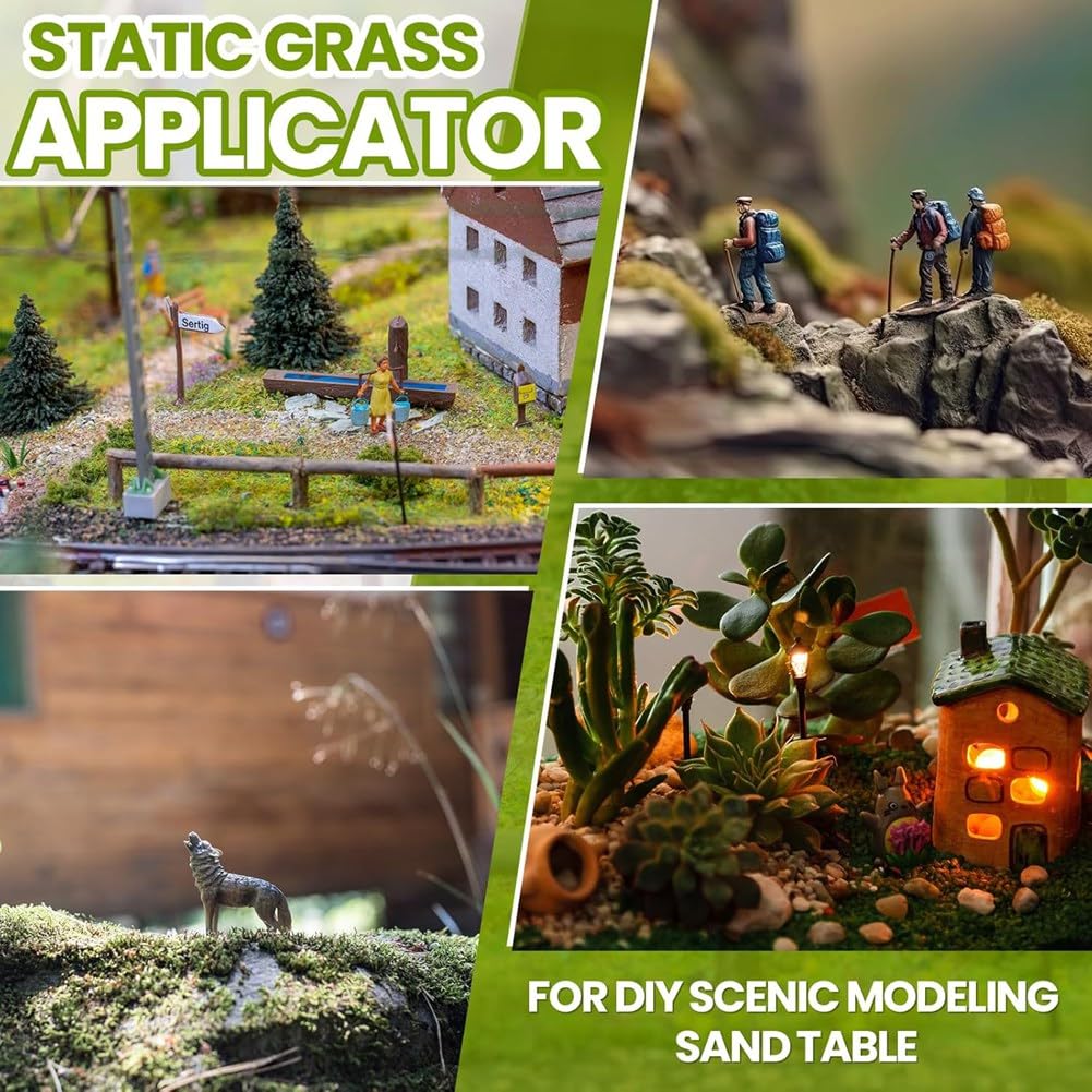 Aplicador de Césped Estático con Antideslizante y 4 X 60 G de Césped de Colores para Modelismo Ferroviario, Paisajismo y Manualidades.