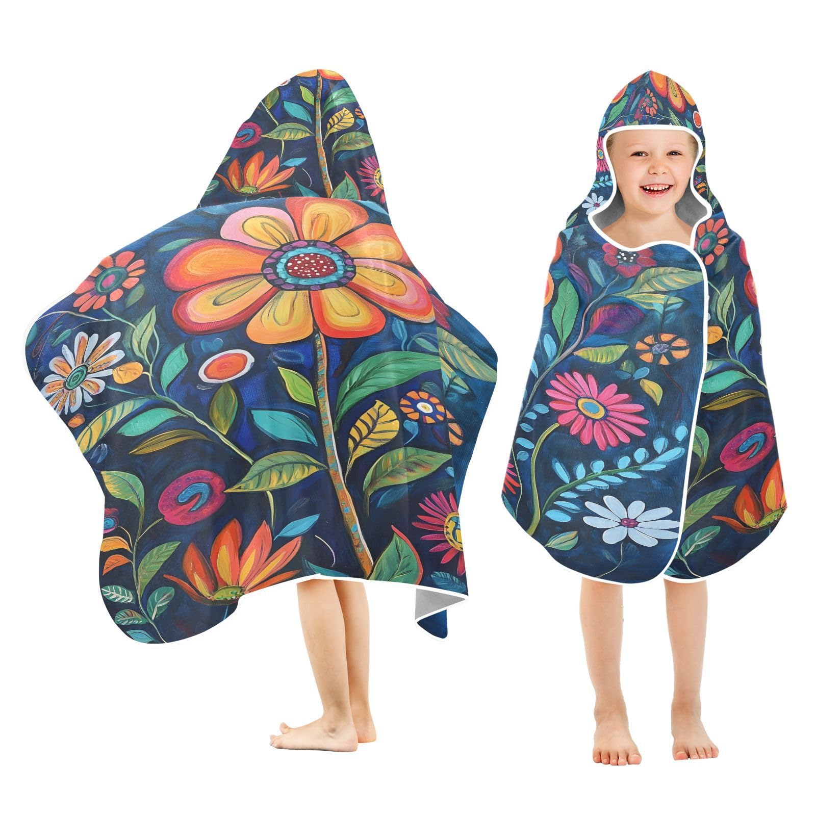 Kigai Colorful Flowers Hooded Beach Towel for Kids Soft Absorbent Quick Dry Bath Towel with Hood Lightweight Toddler Shower Pool Bath Wrap for Boys Girls