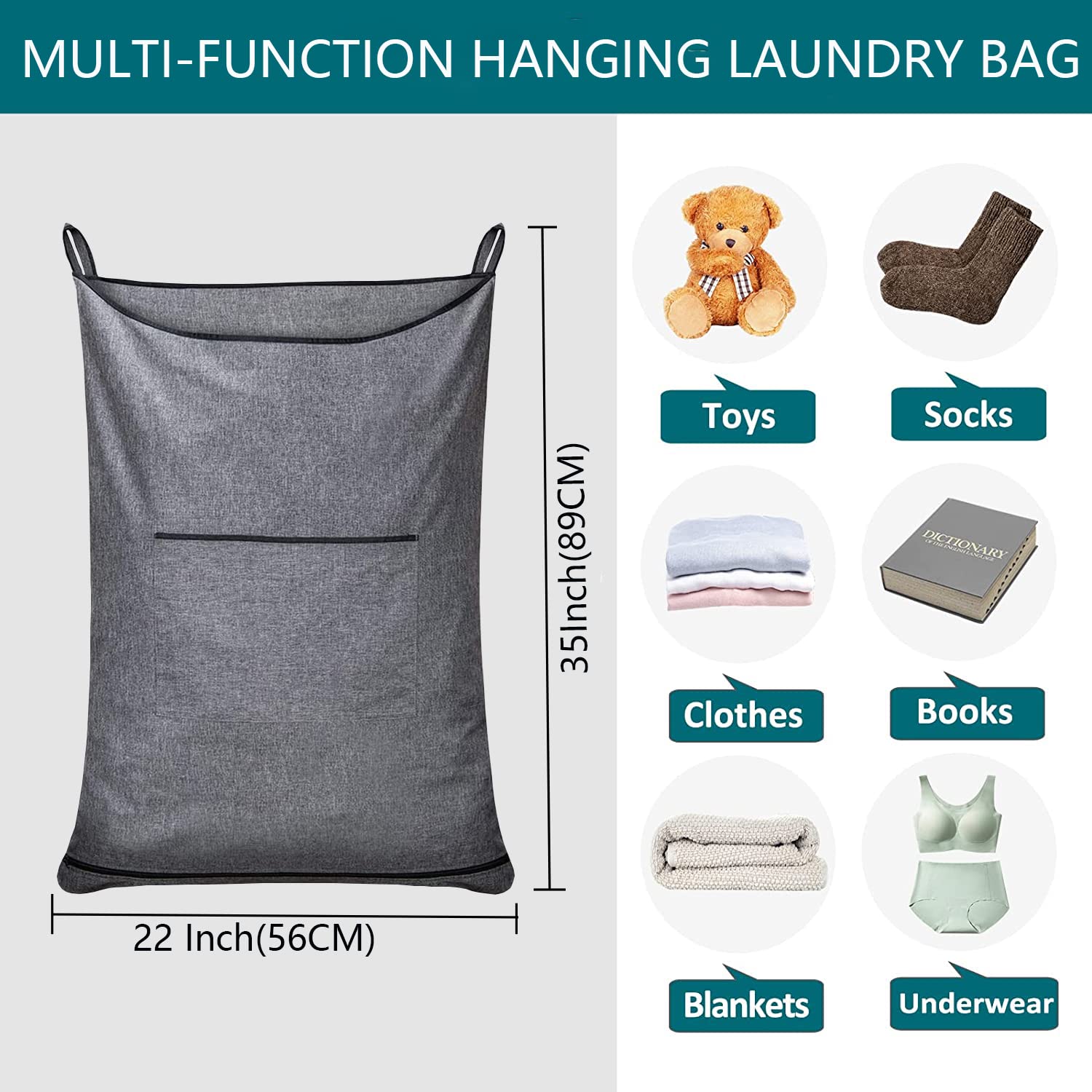 Hängekorb, Hängekorb mit Haken, platzsparender Wäschesack und Wäschesack über der Tür (Pop Heather Grey, 2 Stück)