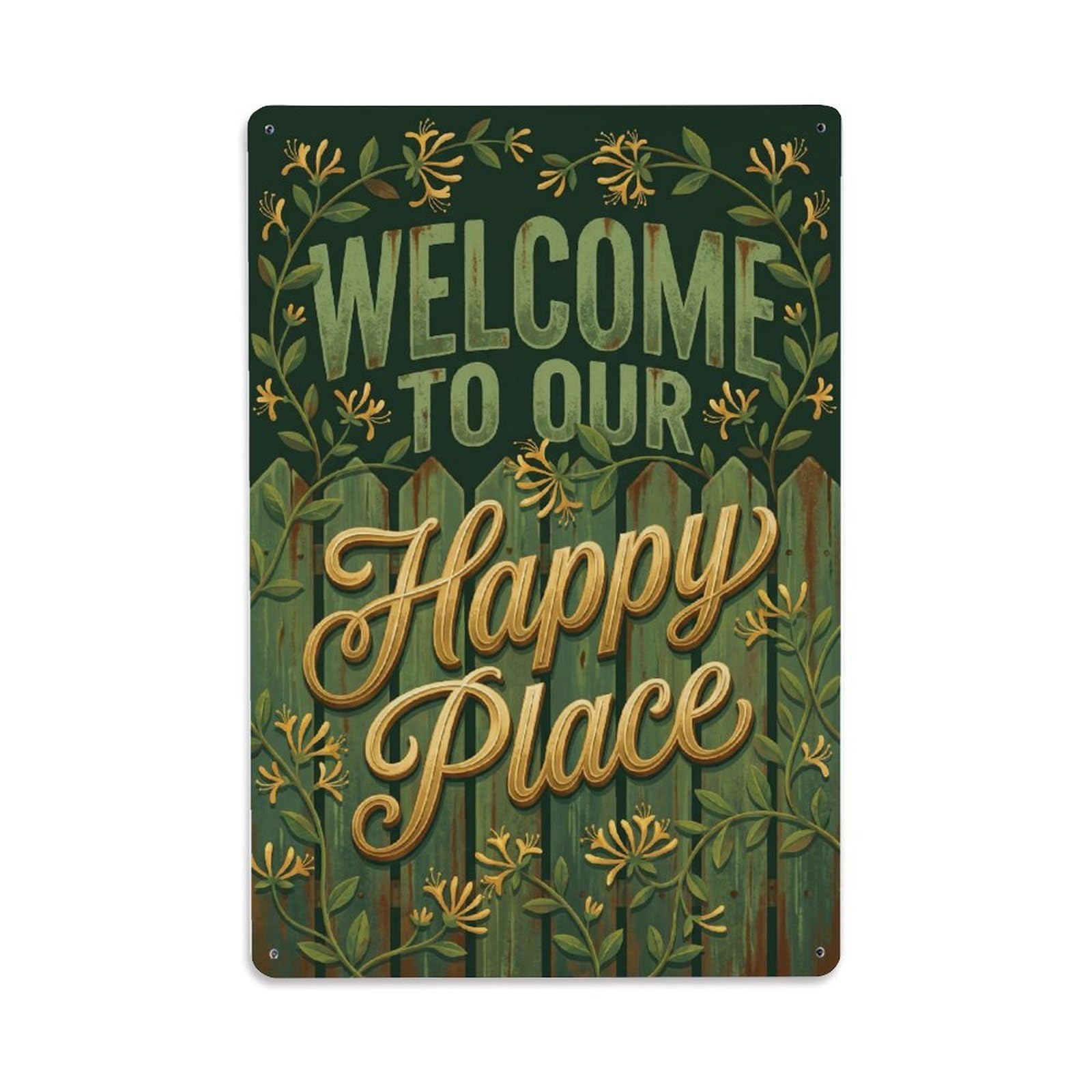 Fqnyr Style Welcome To Our Happy Place Honeysuckle Fence Metal Tin Sign Plaque Wall Decor For Cafe, Club Bar, Office, Home Garden Metal Poster 8X12inch