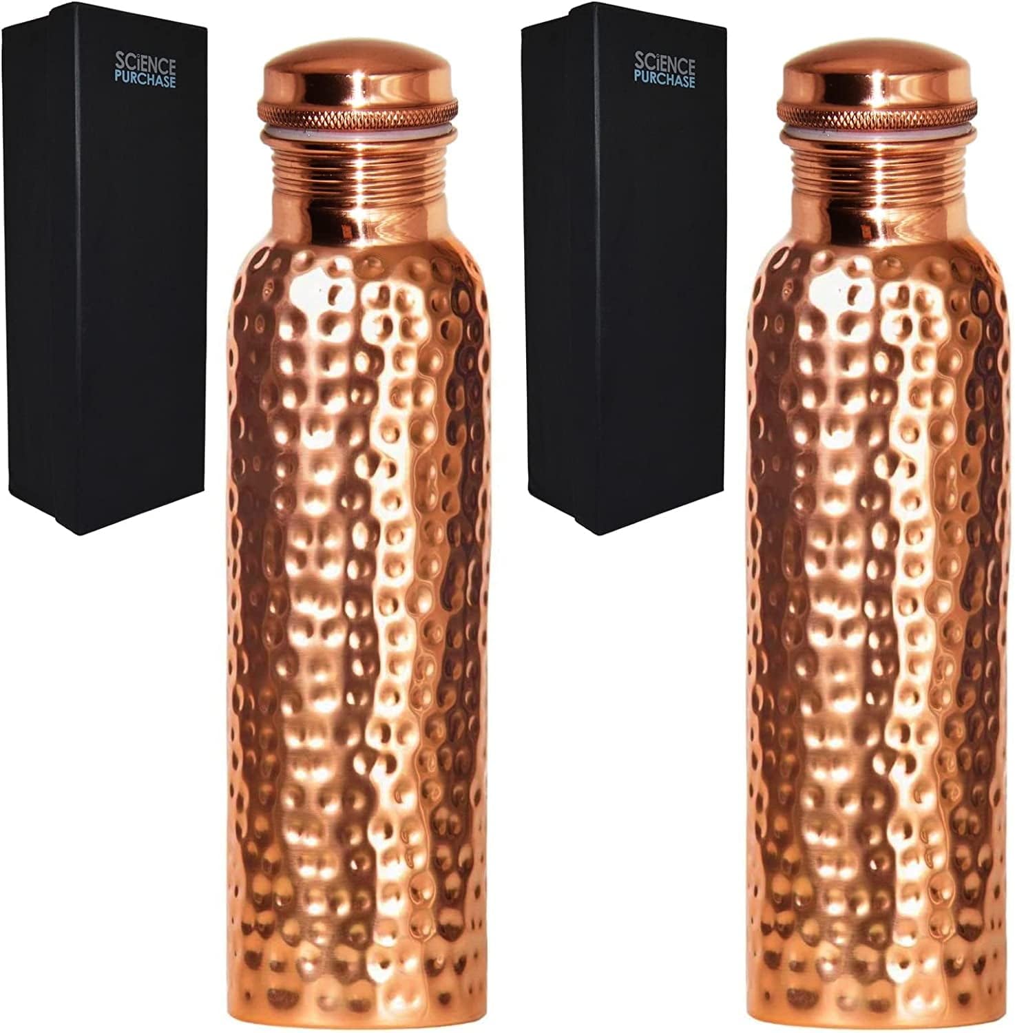 Royal Kurta 2-pak 850 ml naczynia do picia z czystej miedzi w eleganckim pudełku prezentowym, młotkowana butelka na wodę z zakręcaną nakrętką, korzyści ajurwedyjskie