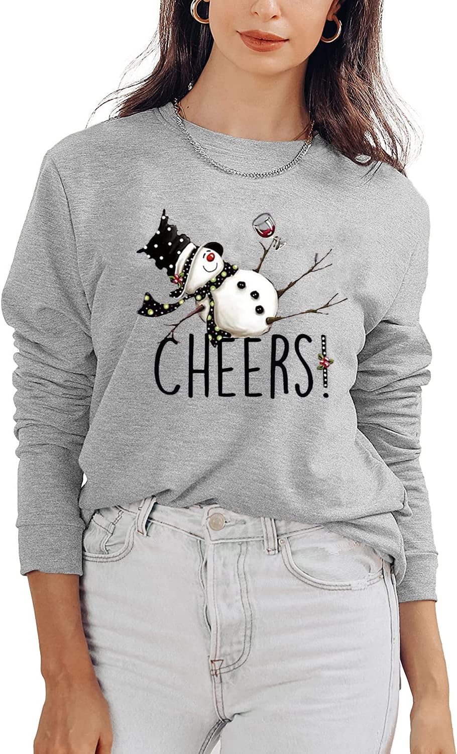 QIANRUO Tipsy Snowman Wine Cheers Lightweight Sweatshirt Women Christmas Long Sleeve Pullover Tops Casual Crewneck Tees - Image 3