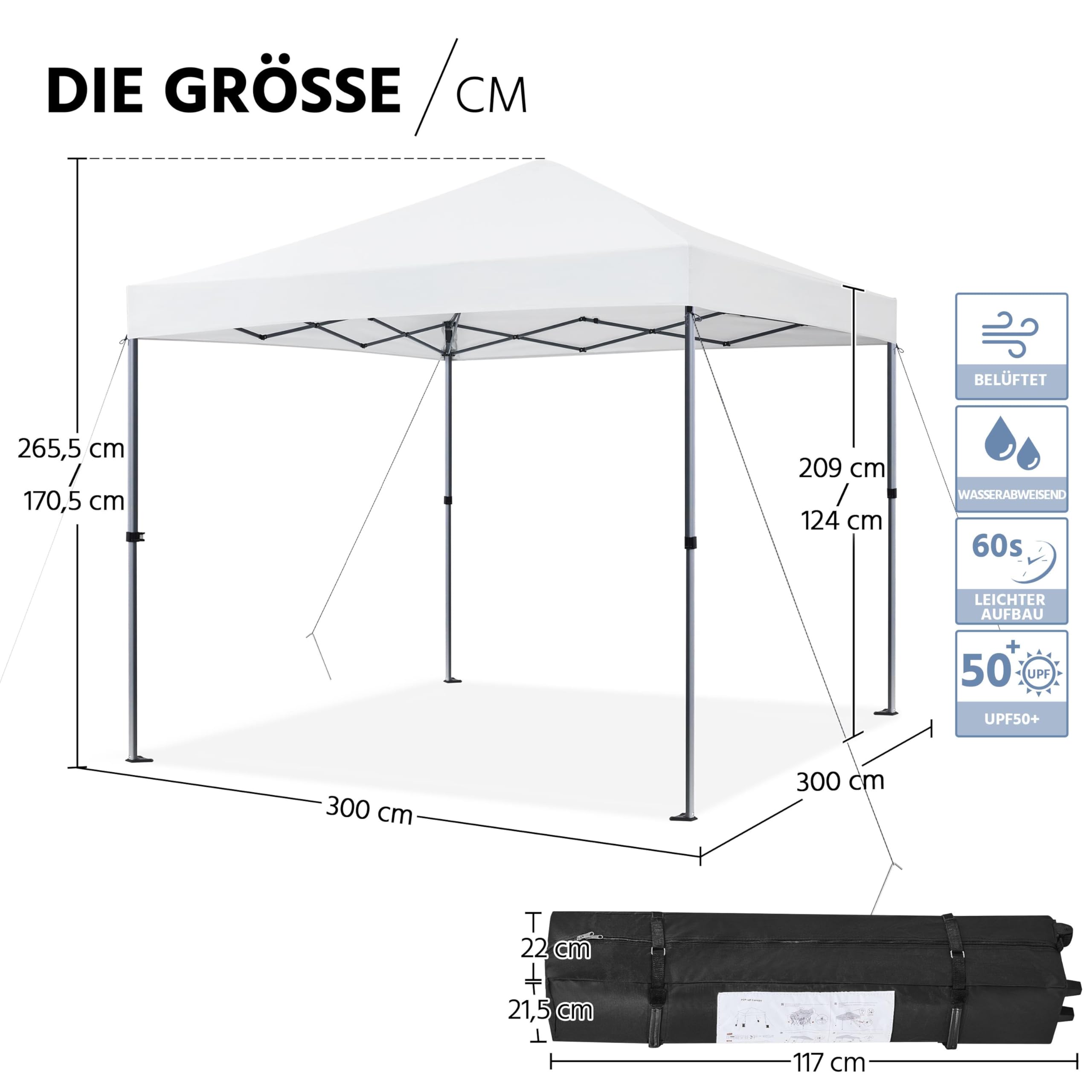 Yaheetech 3x3m Pop Up Pavillon One Push Faltpavillon 170-265 cm H, Weiß | Gartenpavillon Wasserdicht Partyzelt UV-Schutz 50+ Faltzelt inkl. 8 Bodennägel & 4 Sandsäcke & 1 Tragetasche für Camping