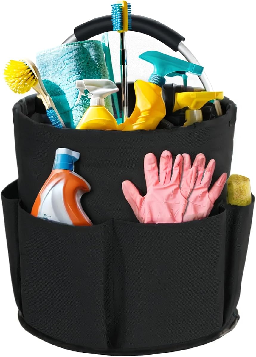 Carrito de limpieza con asa, organizador de productos de limpieza, cesta de almacenamiento plegable de 17 litros, organizador de carrito de limpieza, bolsa de cubo de limpieza múltiple portátil para el hogar, jardín (negro)