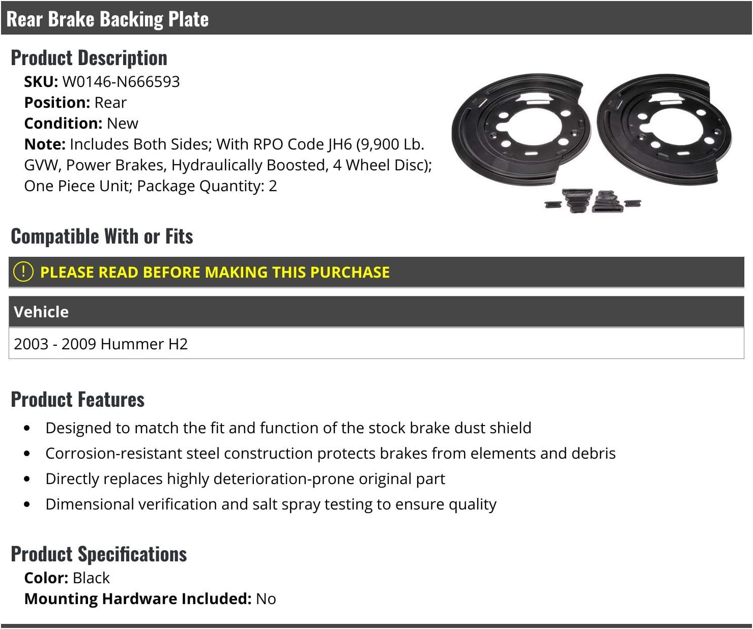 Rear Brake Backing Plate - 2 Piece - Compatible with 2003-2009 Hummer H2