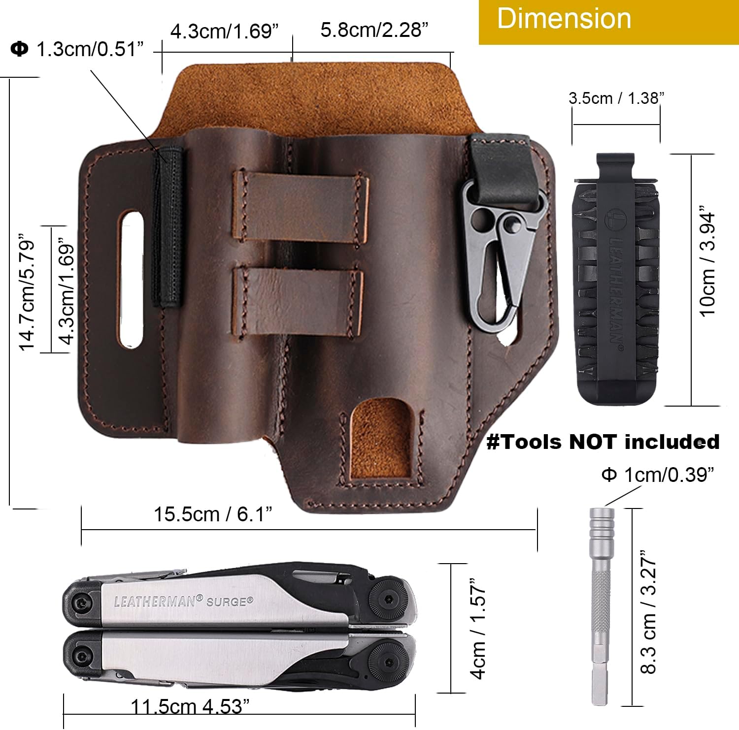 Topstache Multitool Sheath for Belt - EDC Belt Organizer - Leather Multitool Holster with Flashlight Holder, Elastic Band Pen Holder and Keychain Clip - Multitool Holder - Multitool Pouch, Darkbrown - Image 5