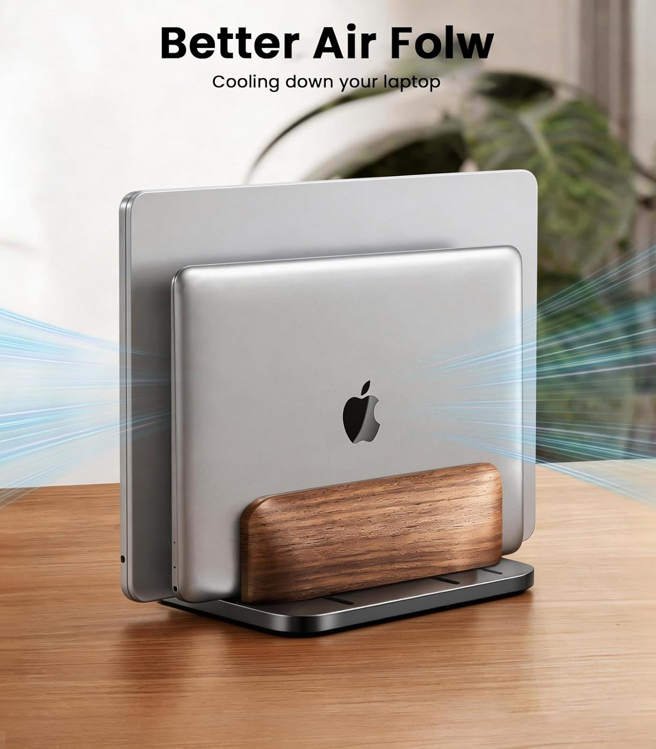 Vertical Laptop Stand, [Dual Slot Wooden + Aluminum Laptop Holder], Desktop Adjustable MacBook Stand, Adjustable Base, for MacBook Pro/Air, (up to 17.3-inch All laptops)